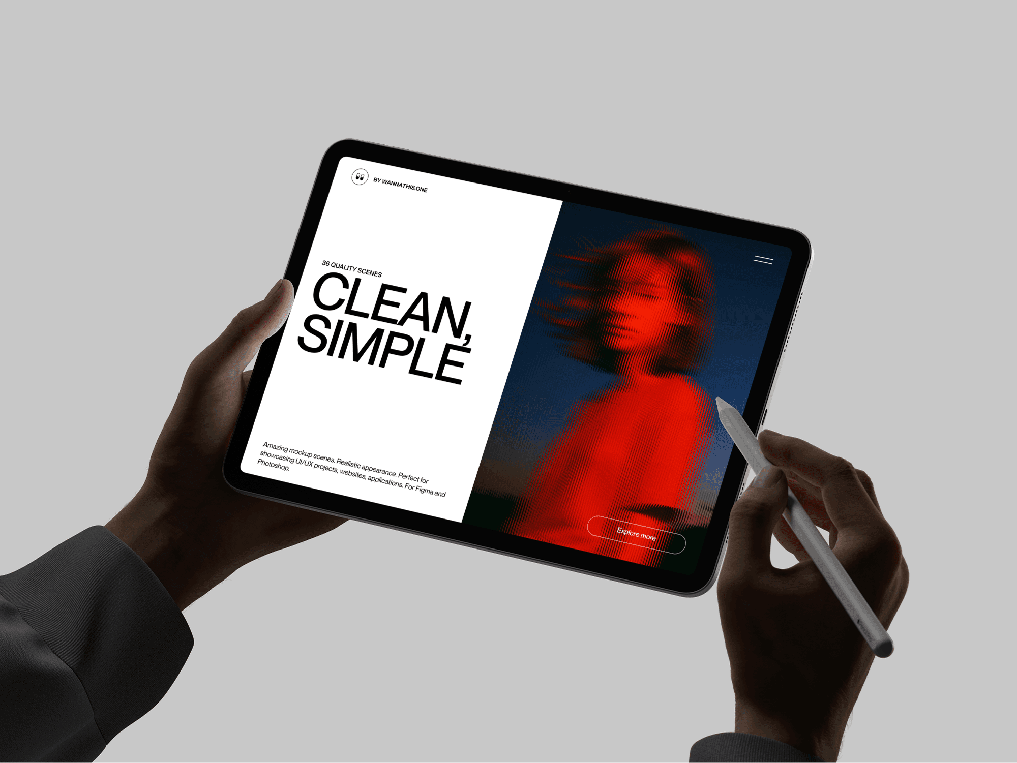 Landscape-oriented iPad held in two hands with stylus against a light background