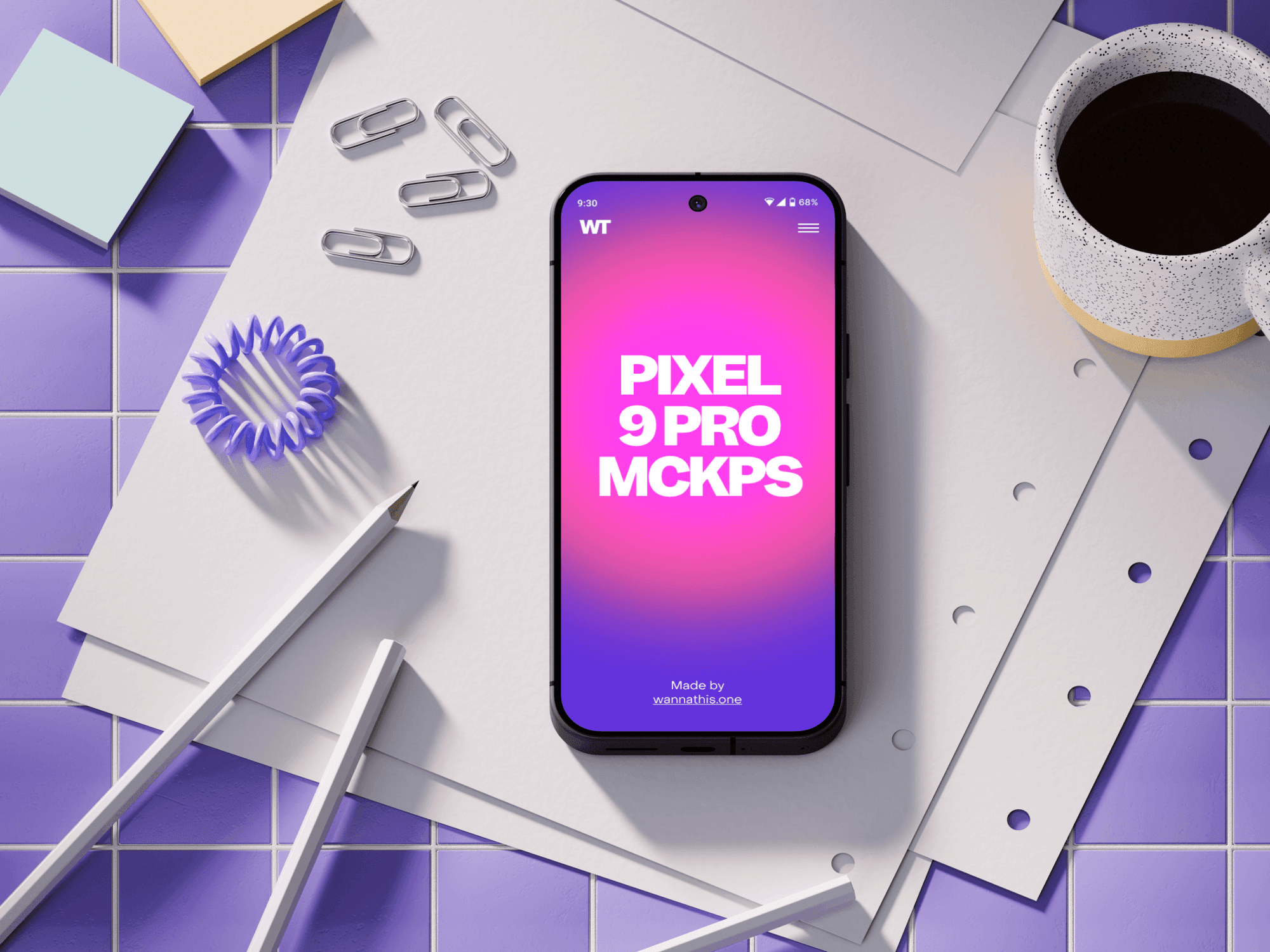 Pixel 9 Pro mockup surrounded by office supplies and a coffee cup.