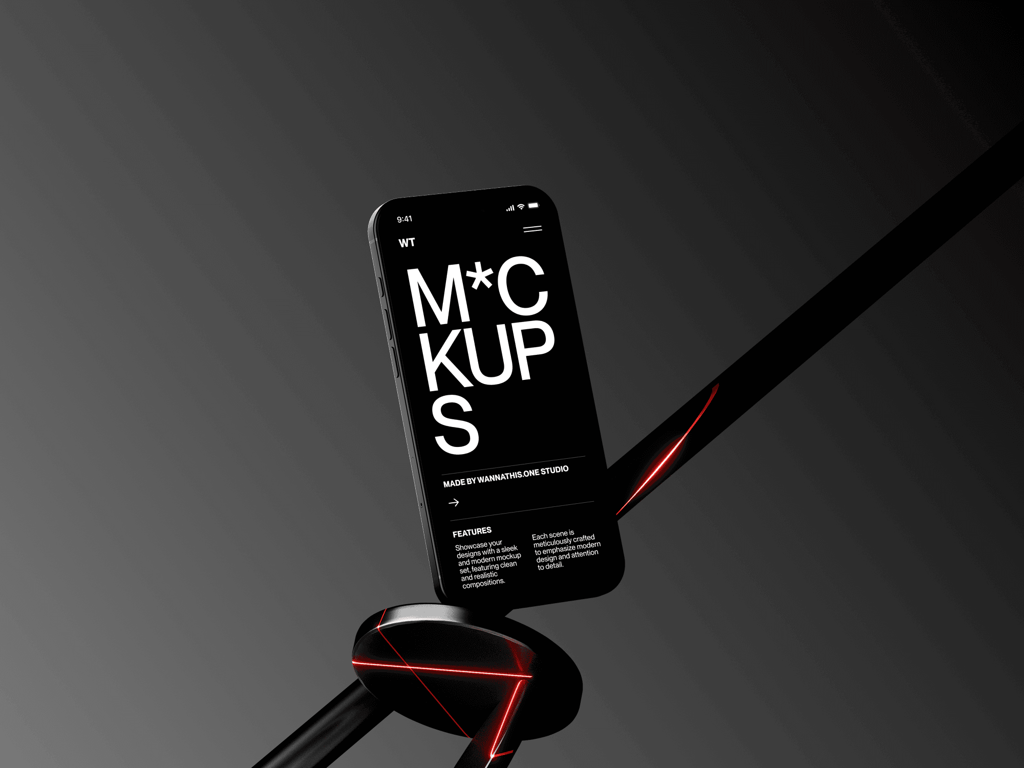 Phone mockup displayed on a modern sculptural dark stand