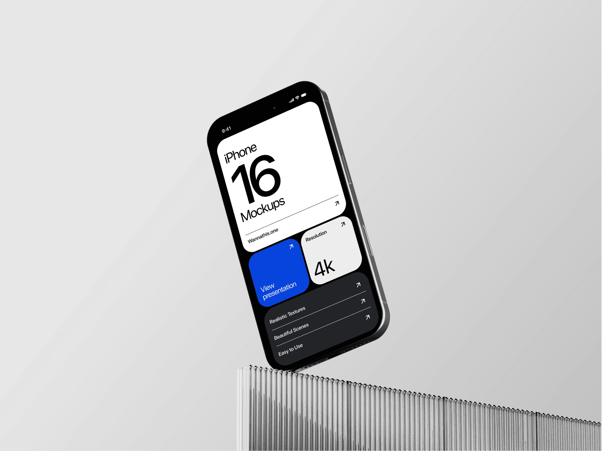 Floating iPhone 16 Pro mockup above vertical panels