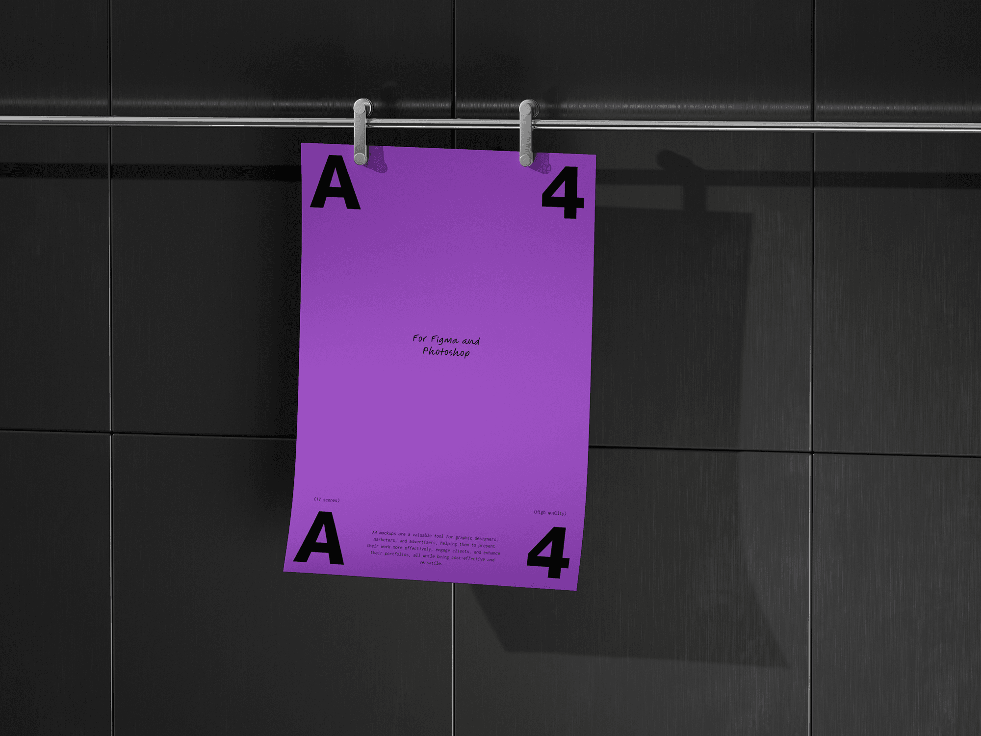 A purple A4 poster mockup clipped to a metal bar, with a sleek tiled background.
