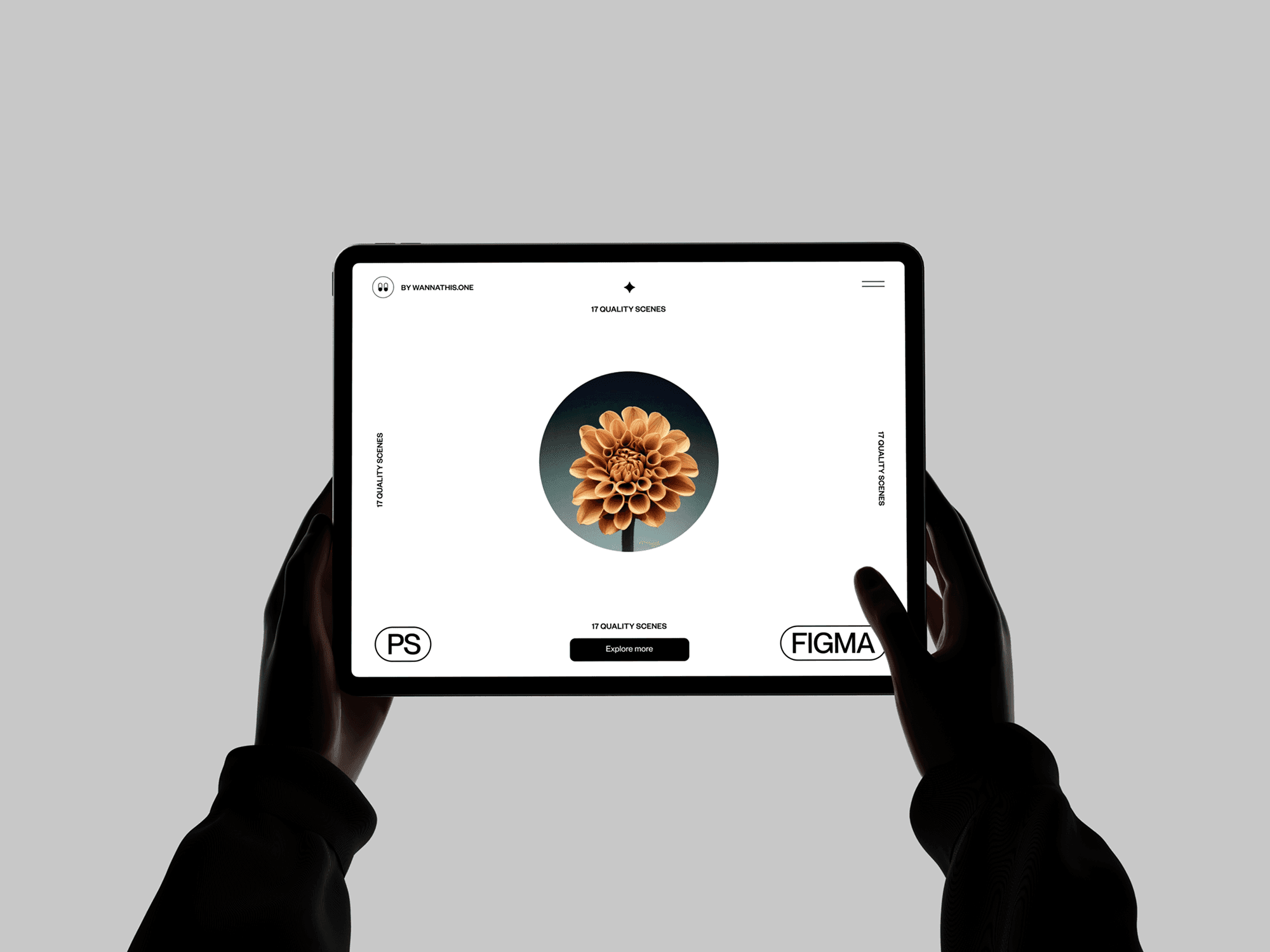 A person holding a tablet mockup with a clean and minimalistic design.