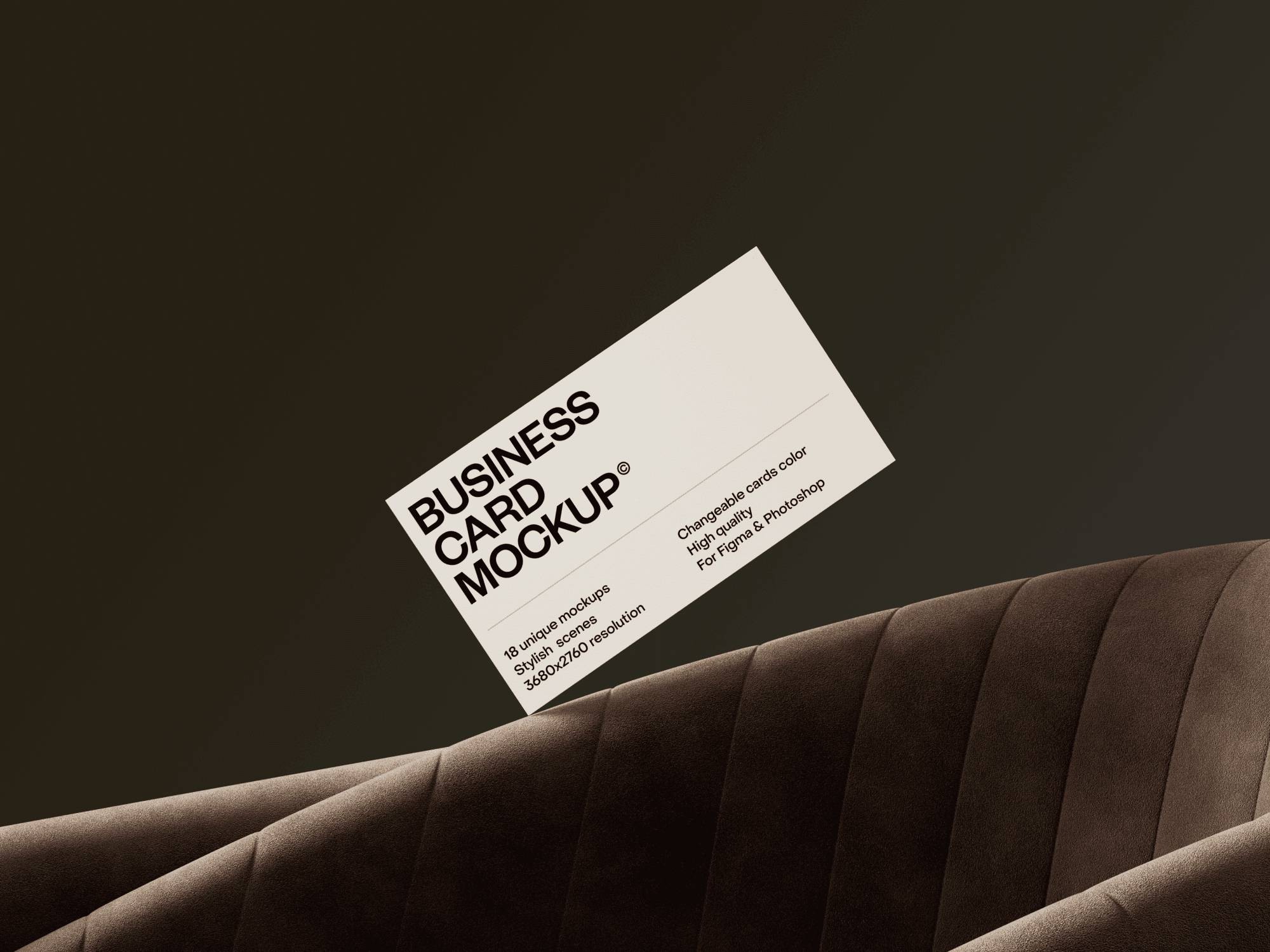 Floating business card mockup against a dark background with soft lighting.