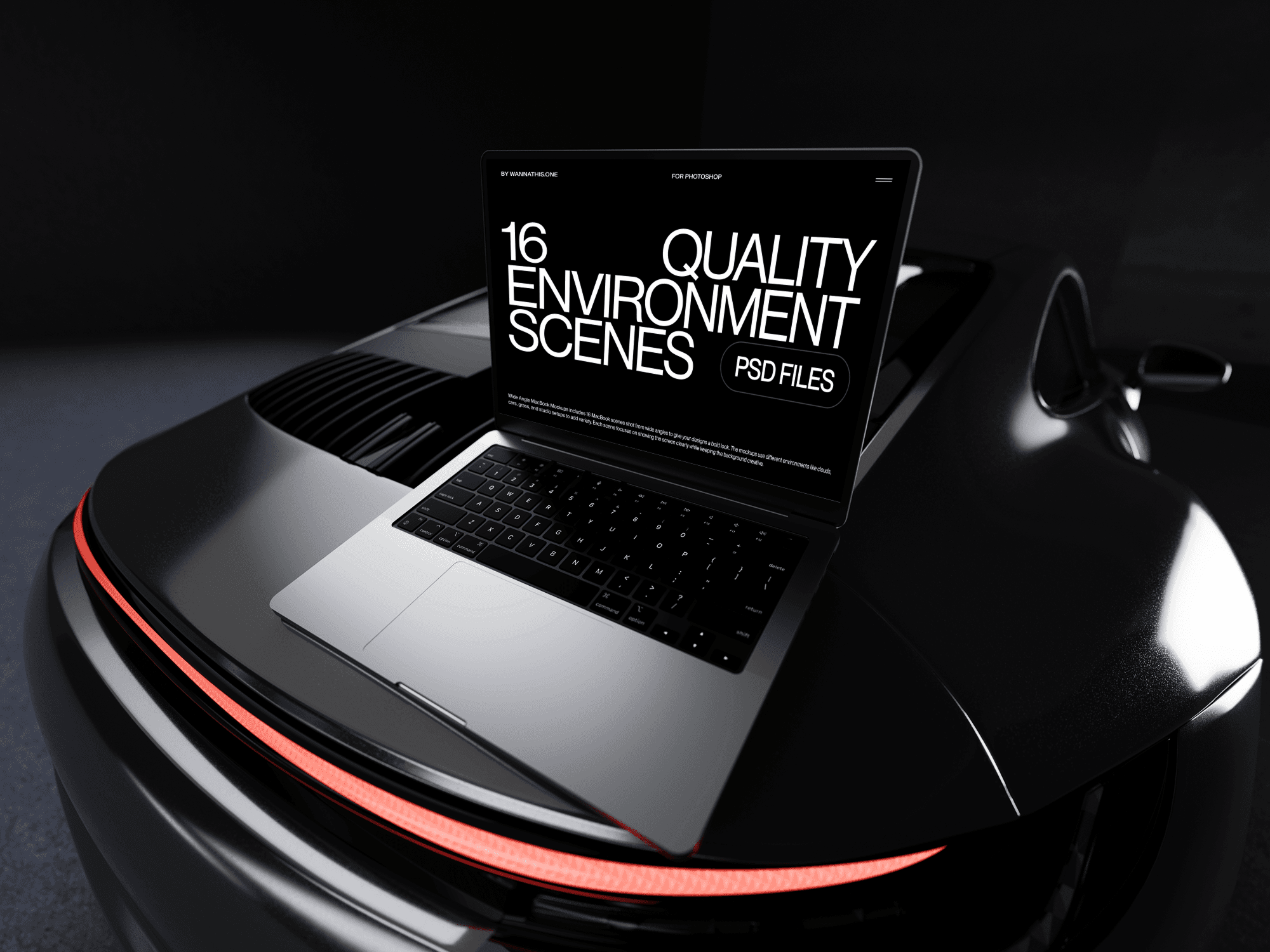 MacBook mockup on a car's roof with black environment scenes UI
