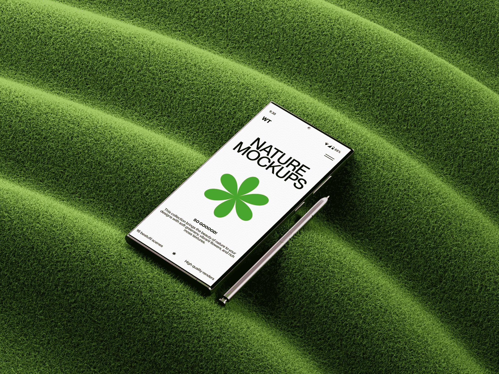 Galaxy S24 mockup on soft, wavy green moss with a silver stylus.