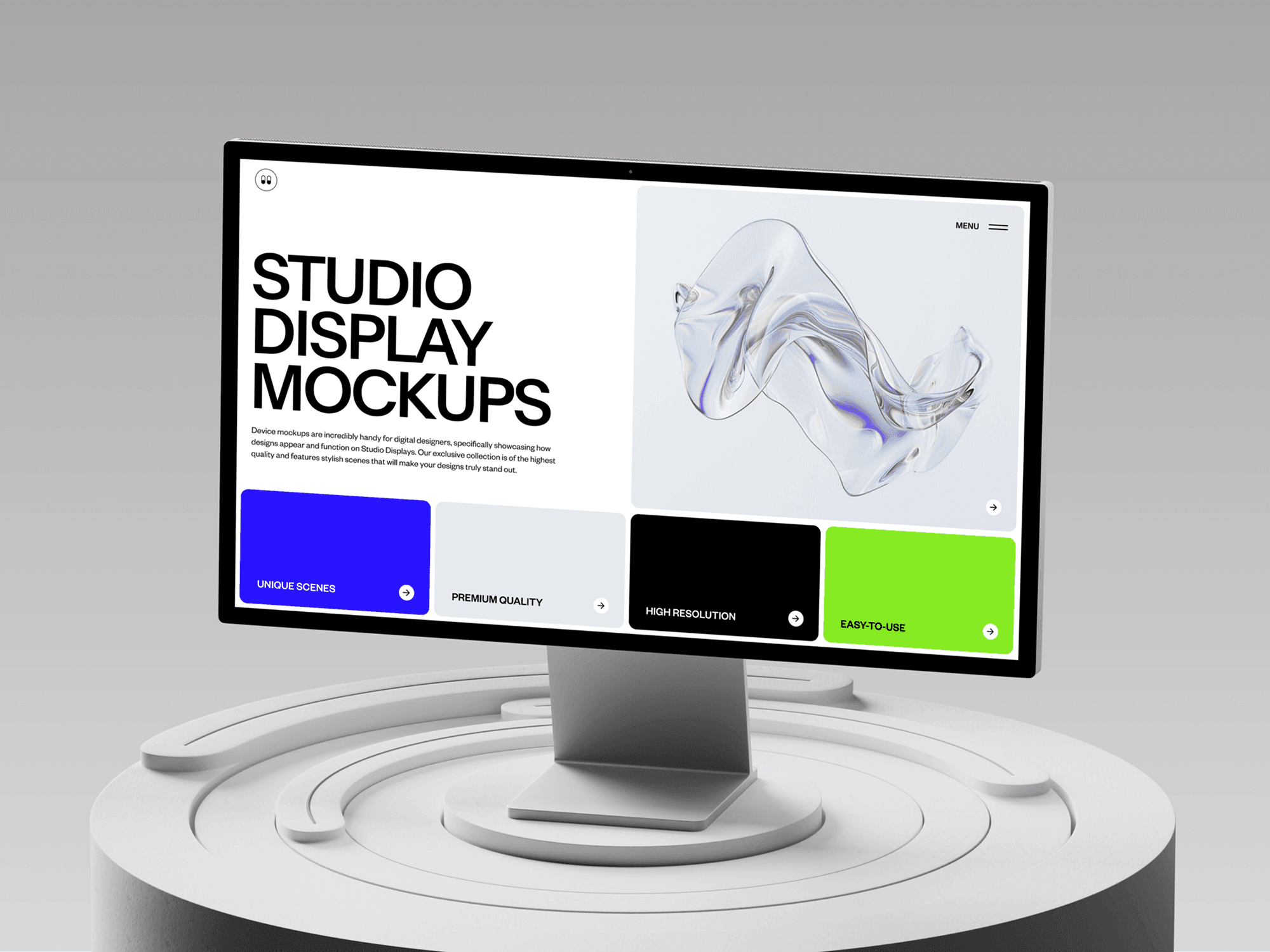 Studio Display mockup on futuristic circular platform