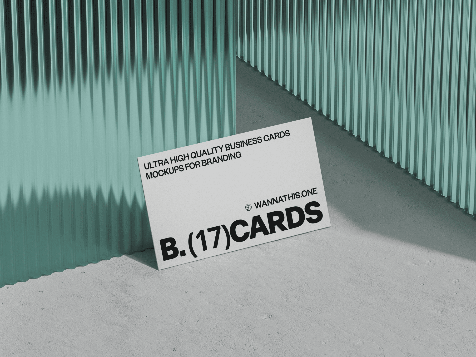 White business card mockup leaning against a metallic corrugated panel.
