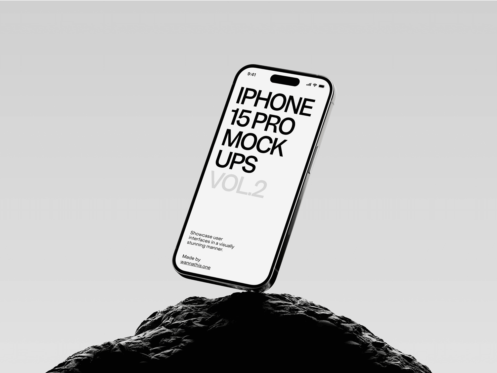 iPhone 15 Pro mockup placed on a surreal rock formation