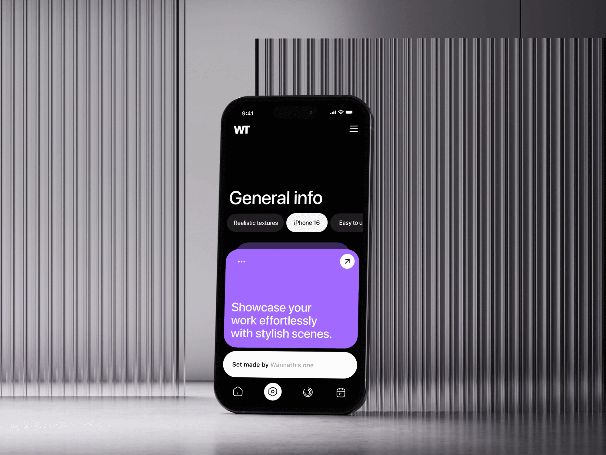 iPhone 16 Pro mockup standing in front of vertical panel backdrop