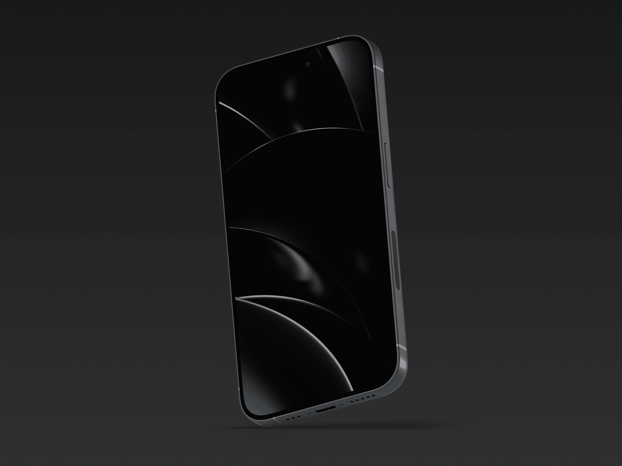 Levitating iPhone 15 Pro in black showing front screen with dark wallpaper