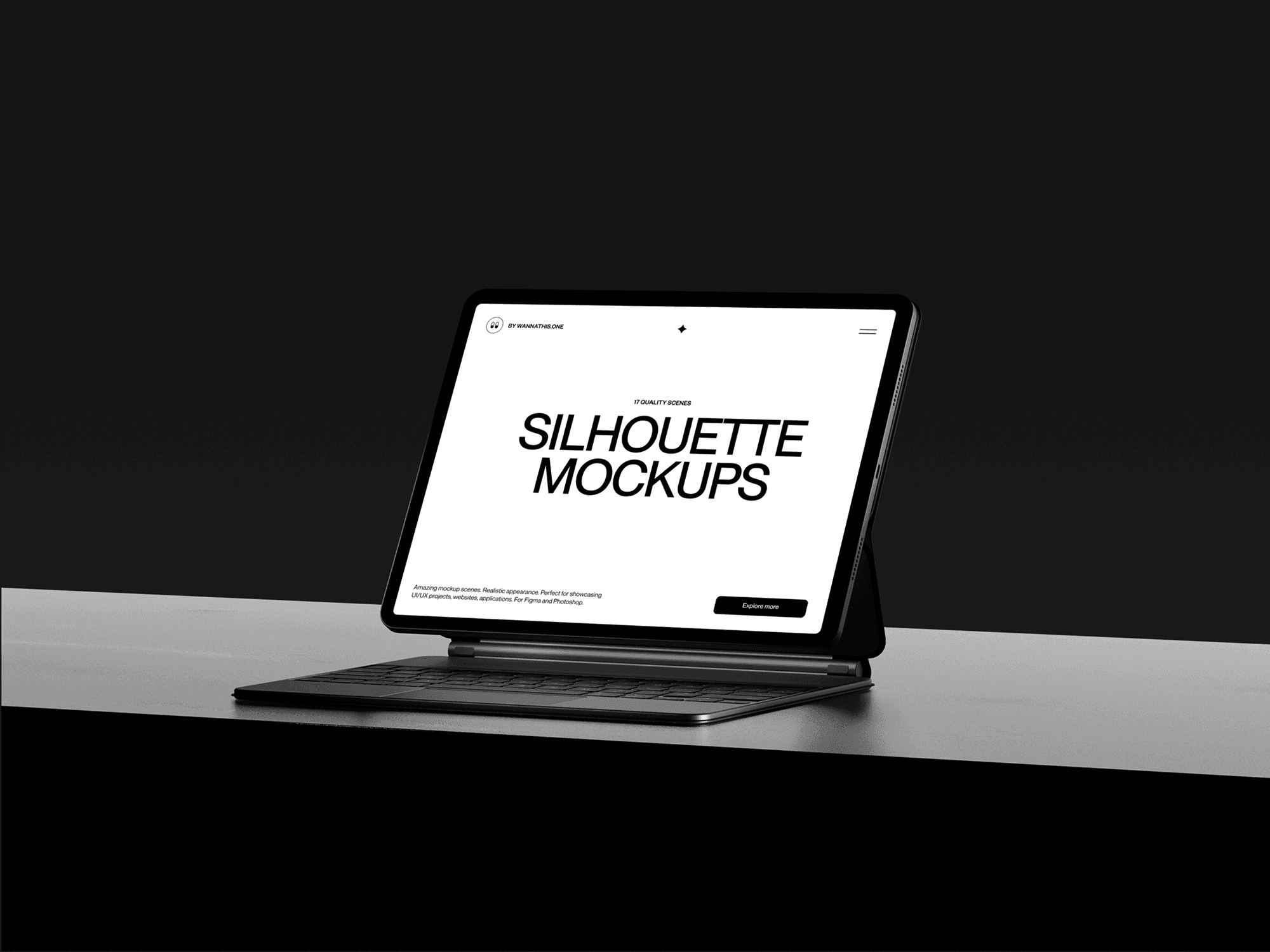 A tablet mockup with a keyboard attached, positioned on a black table against a dark background.