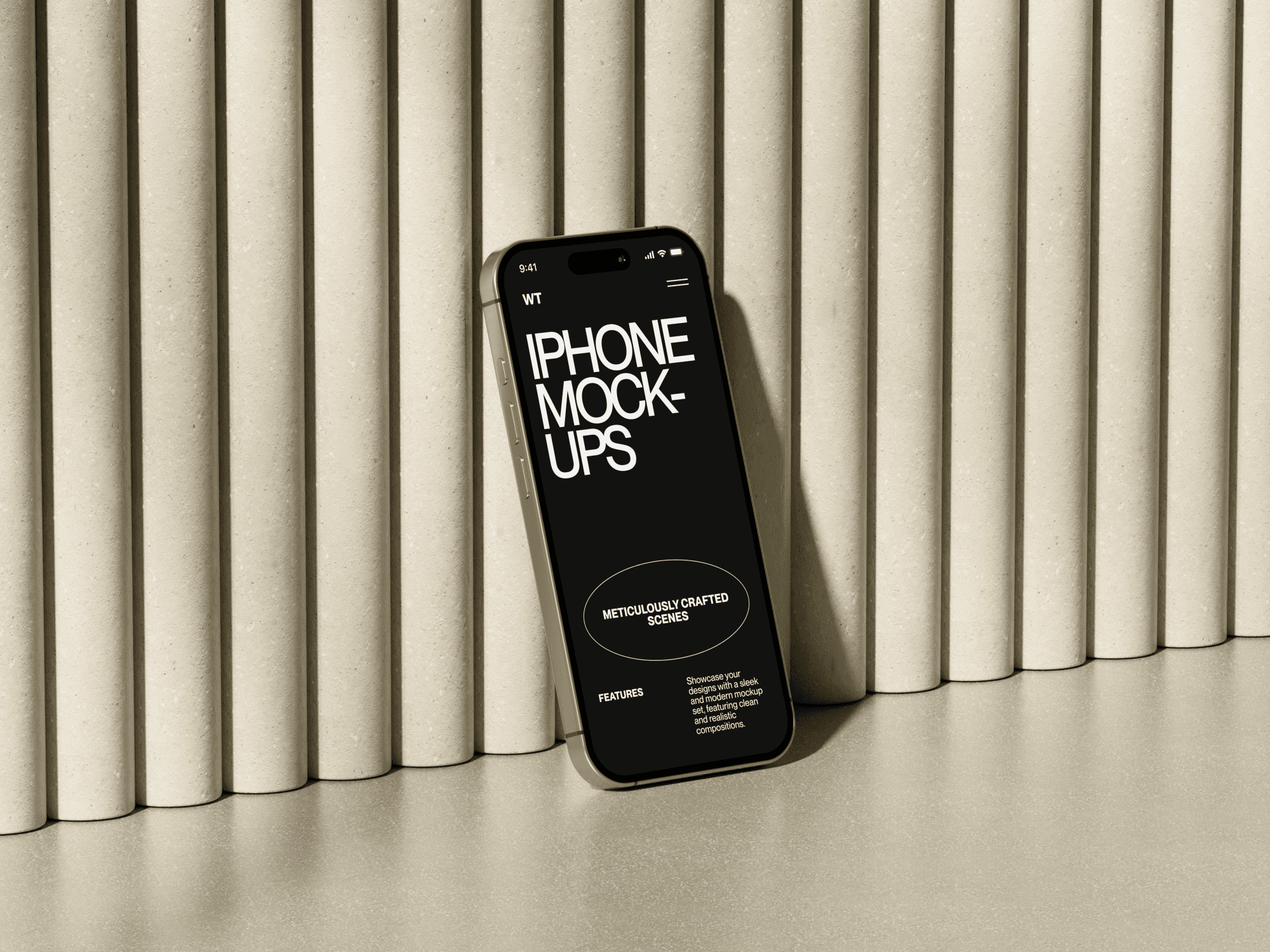 iPhone 16 mockup leaning against a vertical ridged wall.