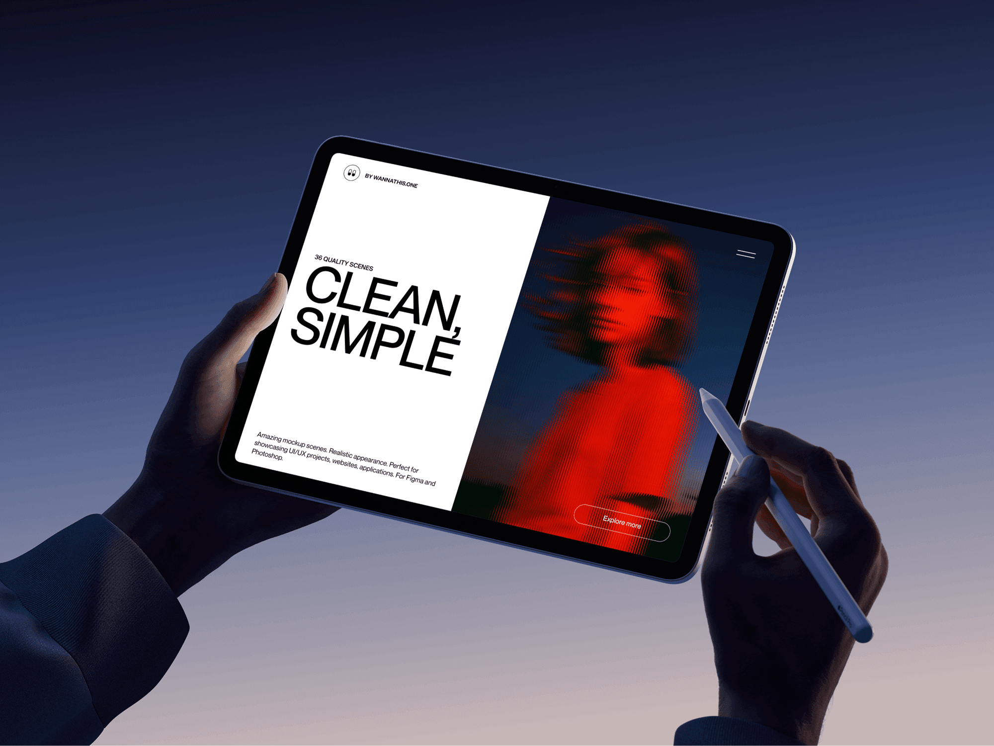 Landscape-oriented iPad held in two hands with stylus against a color background