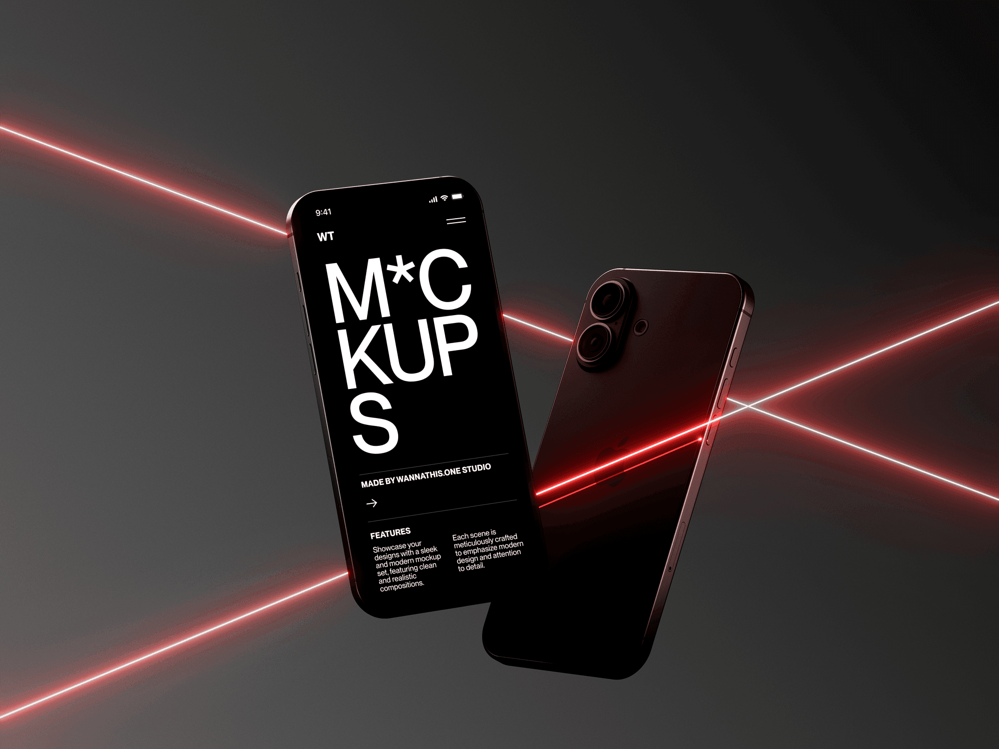 Two phone mockups displayed together with laser beams in background