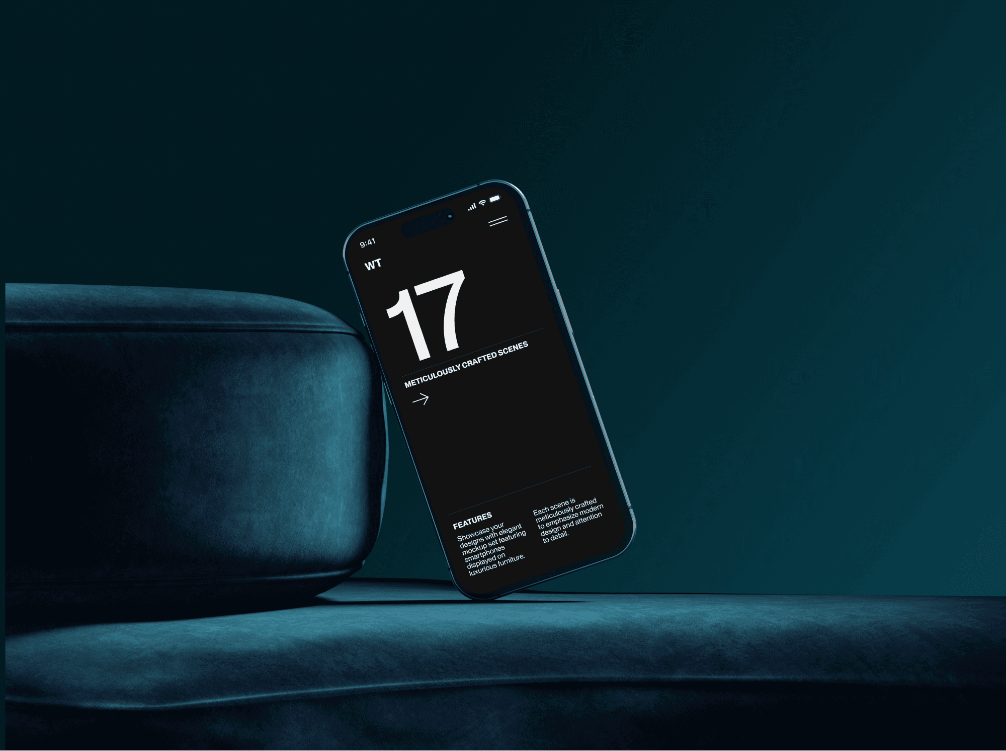 iPhone 16 mockup leaning against a deep blue leather cushion.
