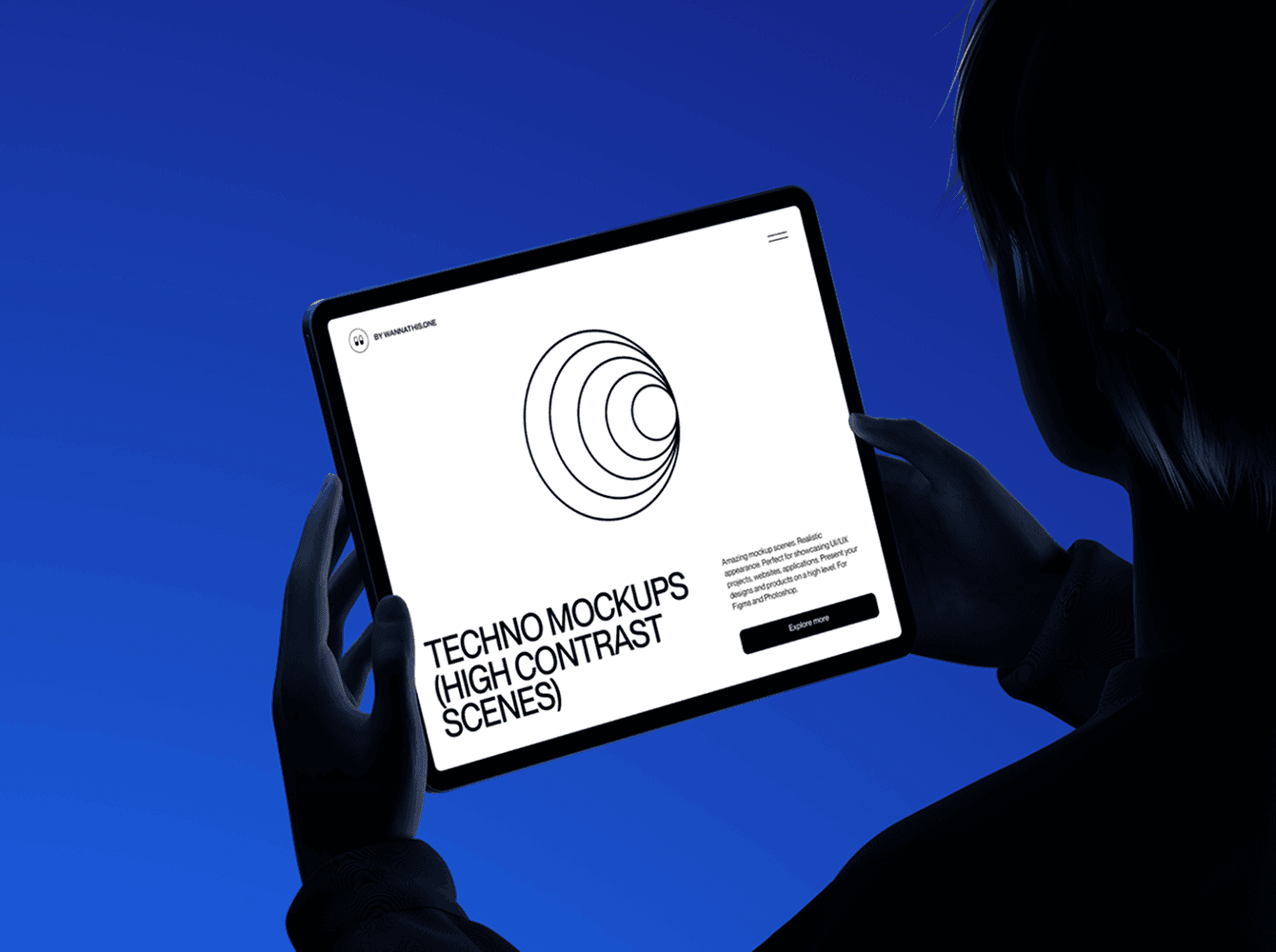 Silhouette tablet mockup by Wannathis with bright blue screen on dark background creating a dramatic glowing visual effect