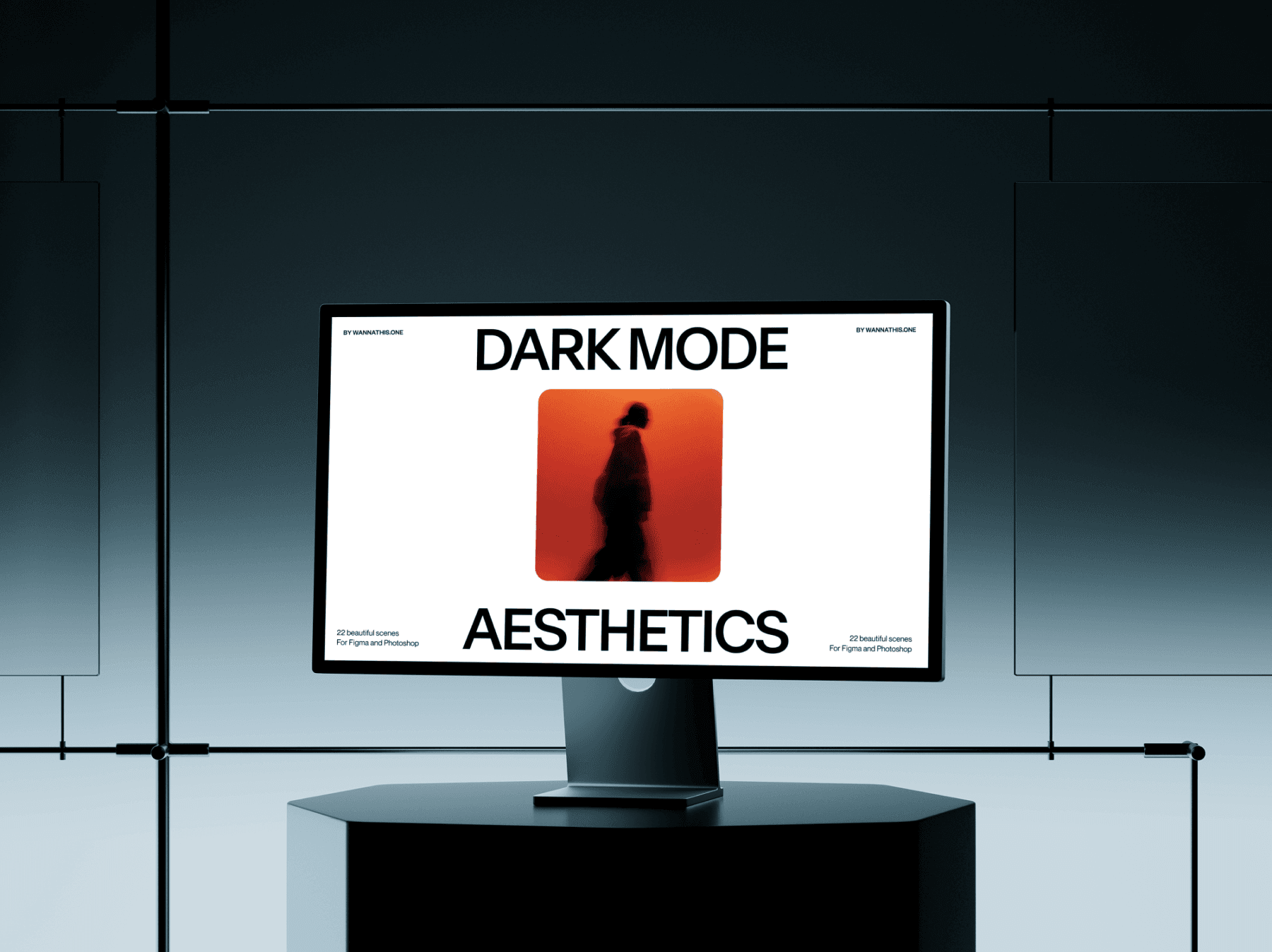 Desktop computer mockup inside a futuristic interior environment