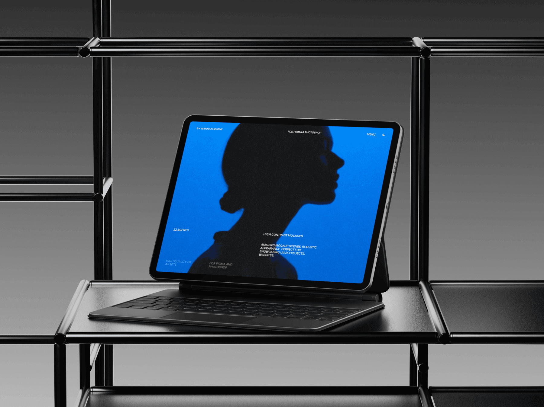 Realistic tablet mockup placed on a modern metal shelf with strong reflections