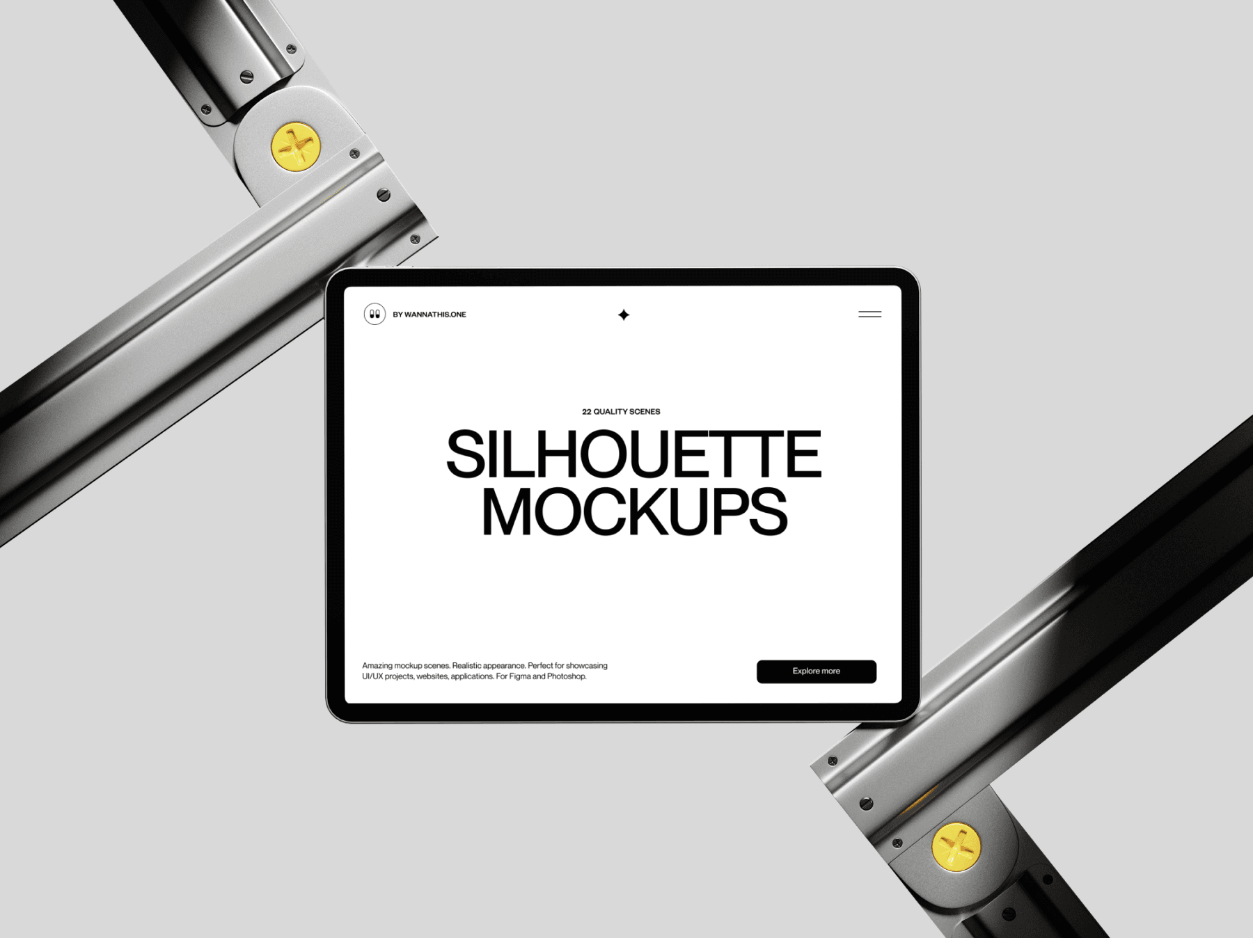 Minimal tablet mockup floating against a clean neutral background with metallic details