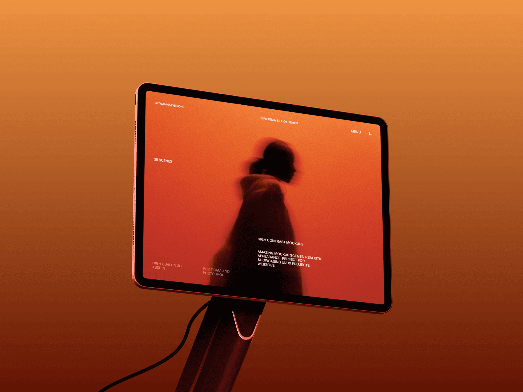 Tablet mockup standing upright in front of a vivid orange backdrop
