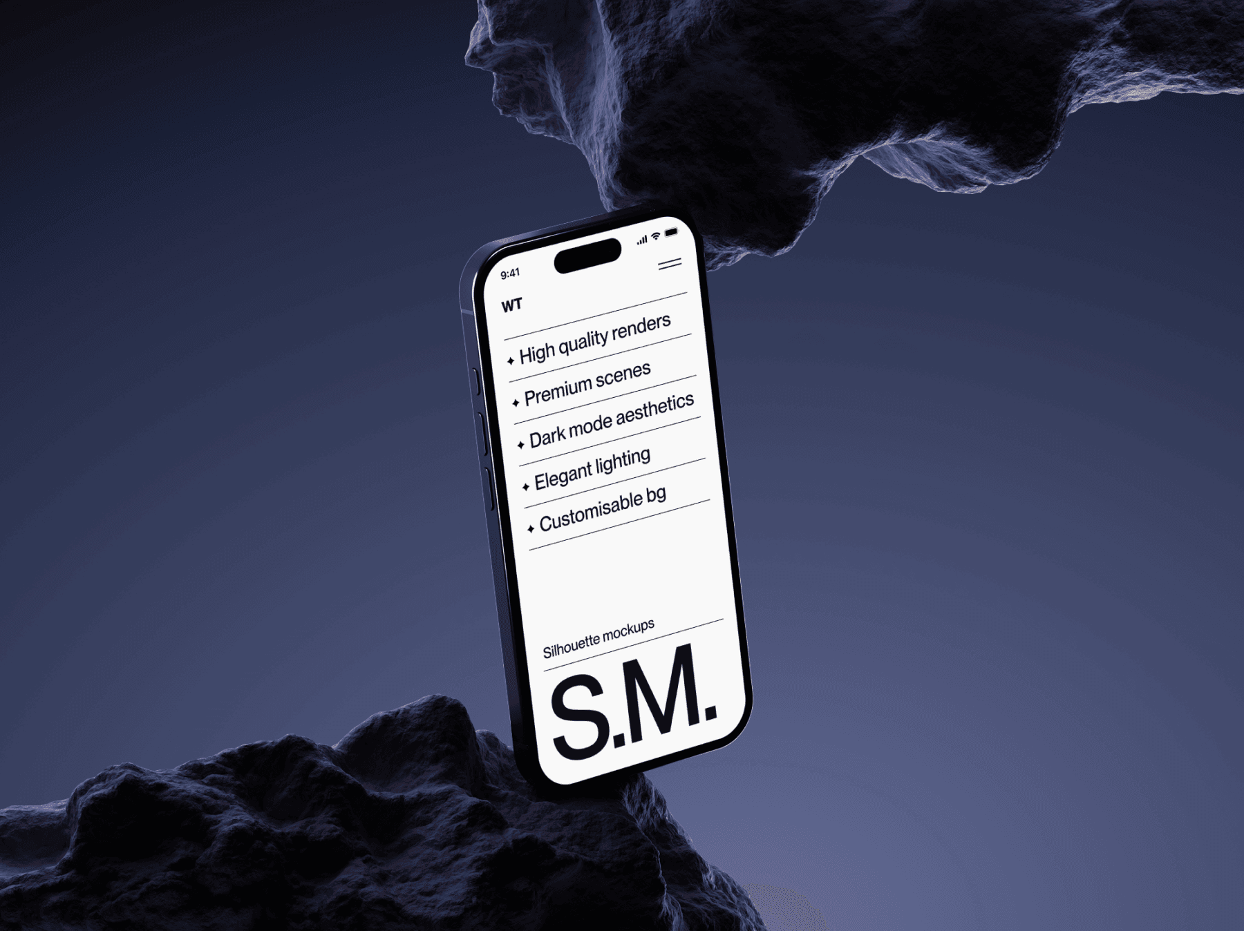 Smartphone mockup floating in front of a rocky background with dramatic lighting