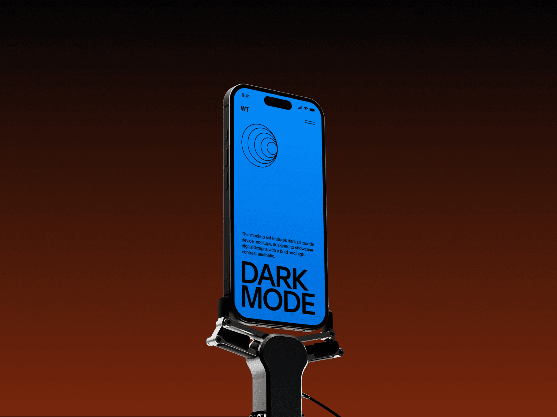 Smartphone mockup mounted on a modern stand with an orange background