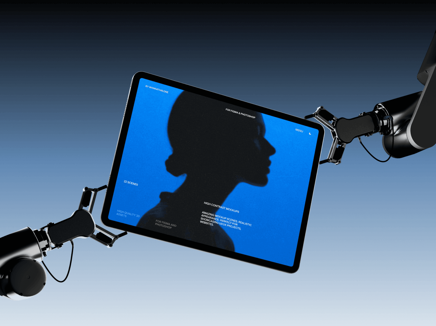 Tablet mockup held by a mechanical arm against a gradient background