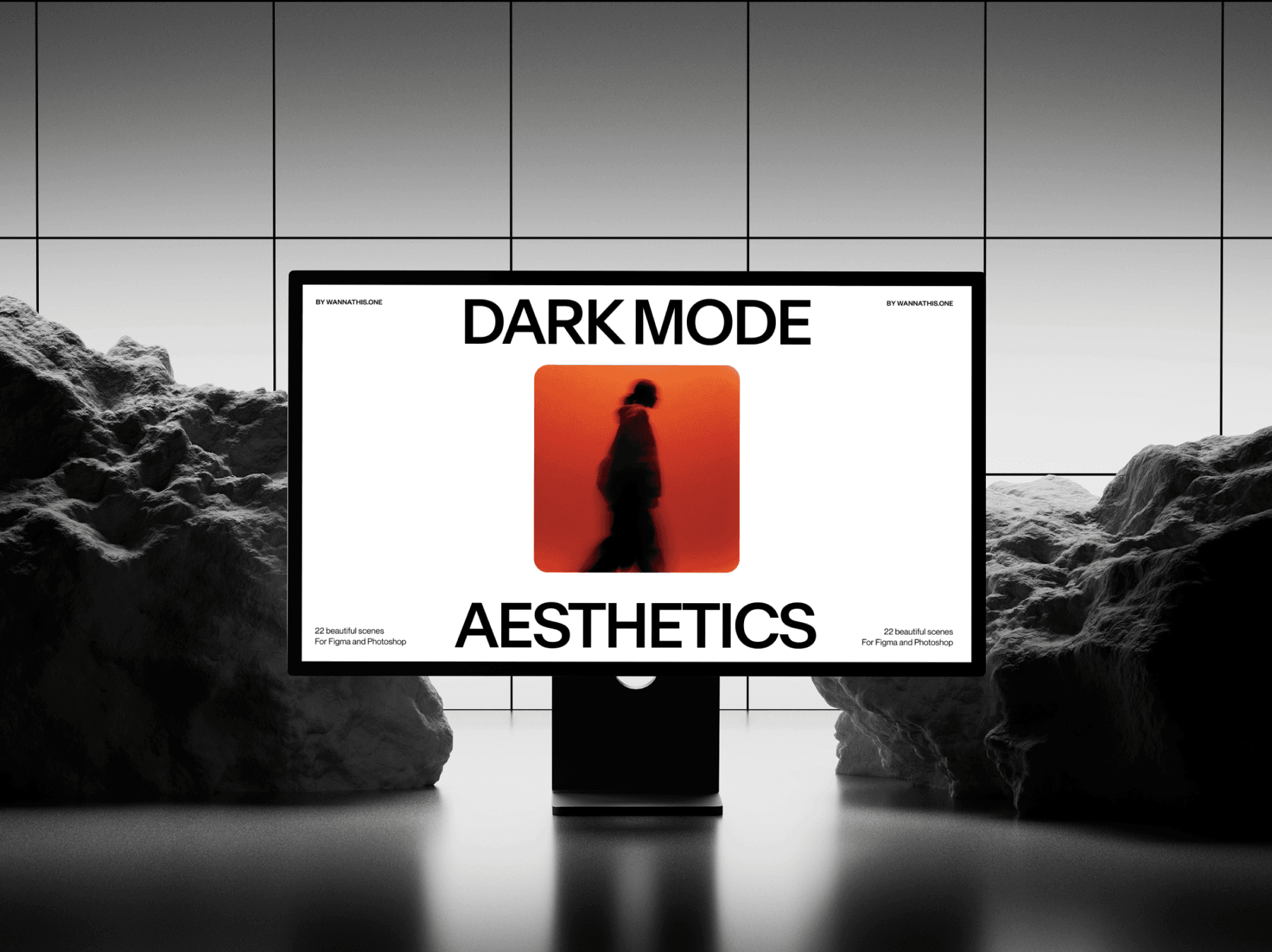 Desktop computer mockup displayed with large rocks in a dark studio setup