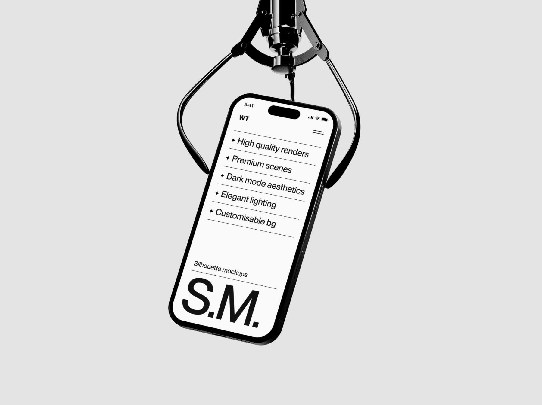 Phone mockup hanging from a cable in a minimal studio environment