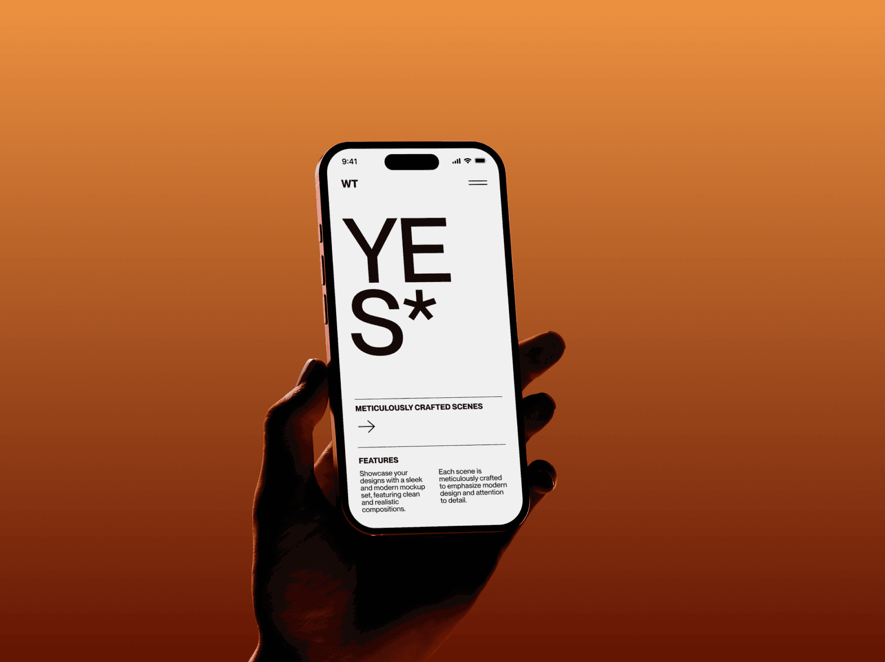 Hand holding phone mockup in a dramatic light setup
