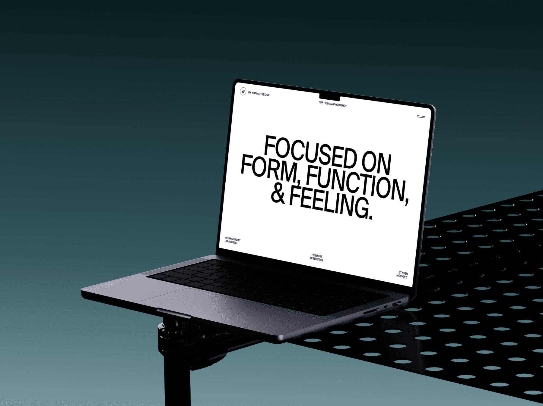 Laptop mockup placed on a modern perforated table
