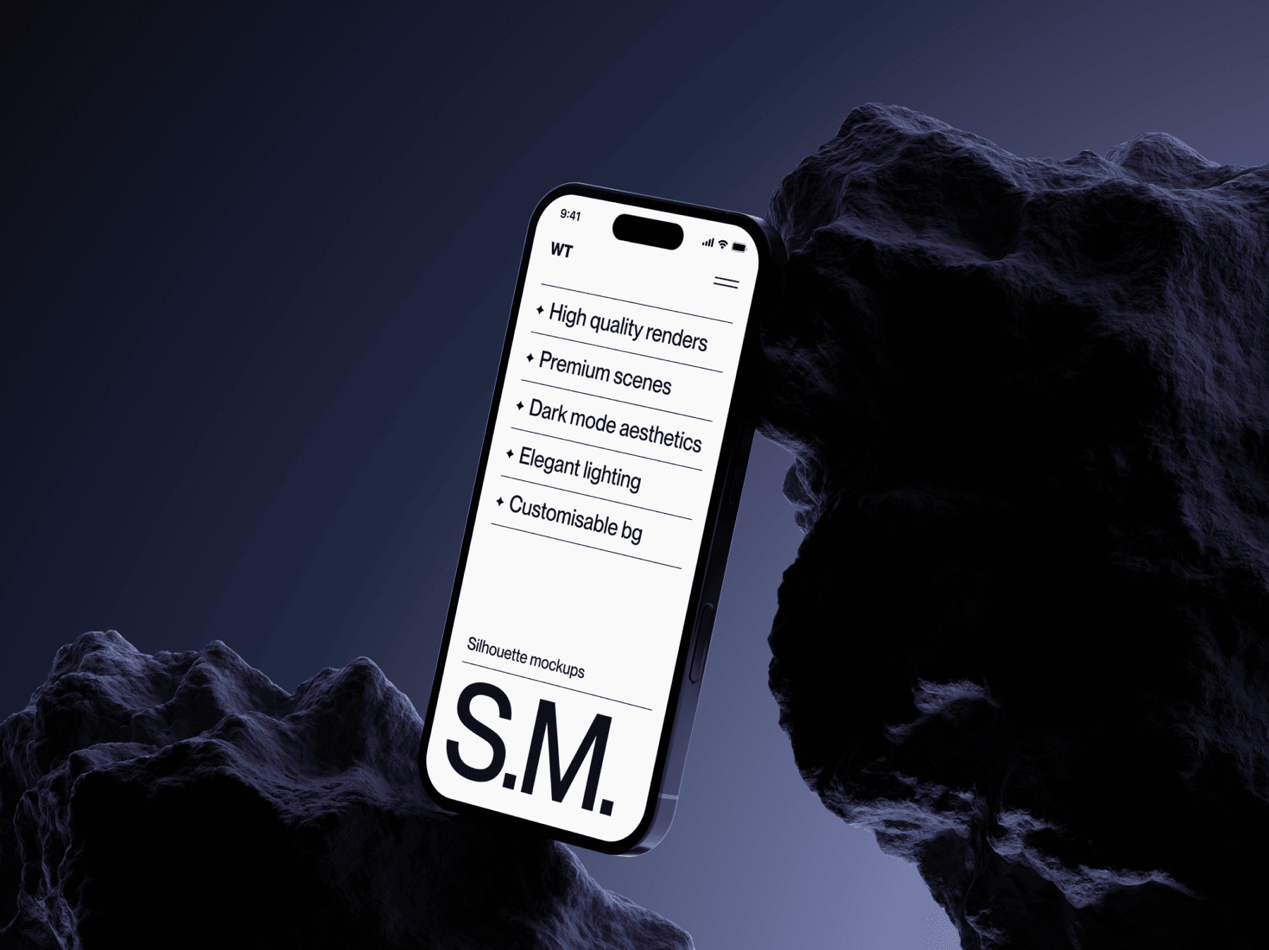 Phone mockup leaning on a rough rock surface in a studio scene