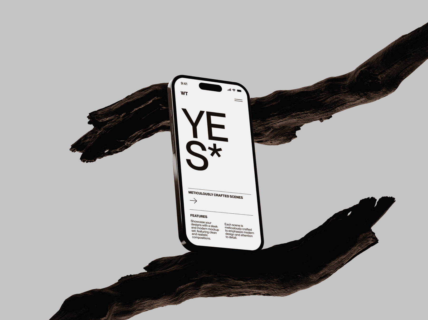 Phone mockup balanced on a rough wooden branch