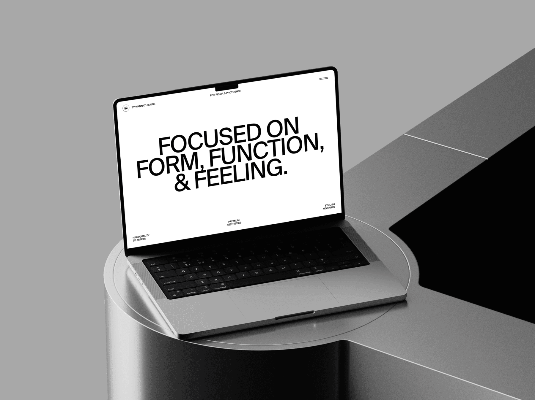 Laptop mockup displayed on a clean geometric table in a minimal environment