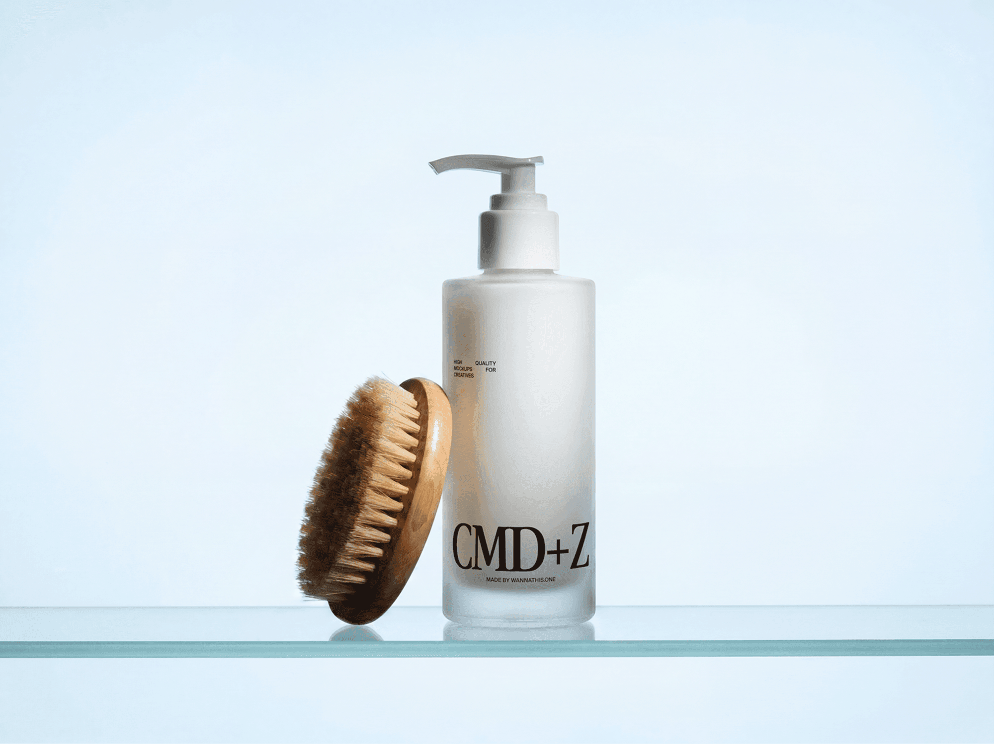 Skincare pump bottle mockup displayed on a refined glass shelf with a body brush in a minimal beauty studio scene