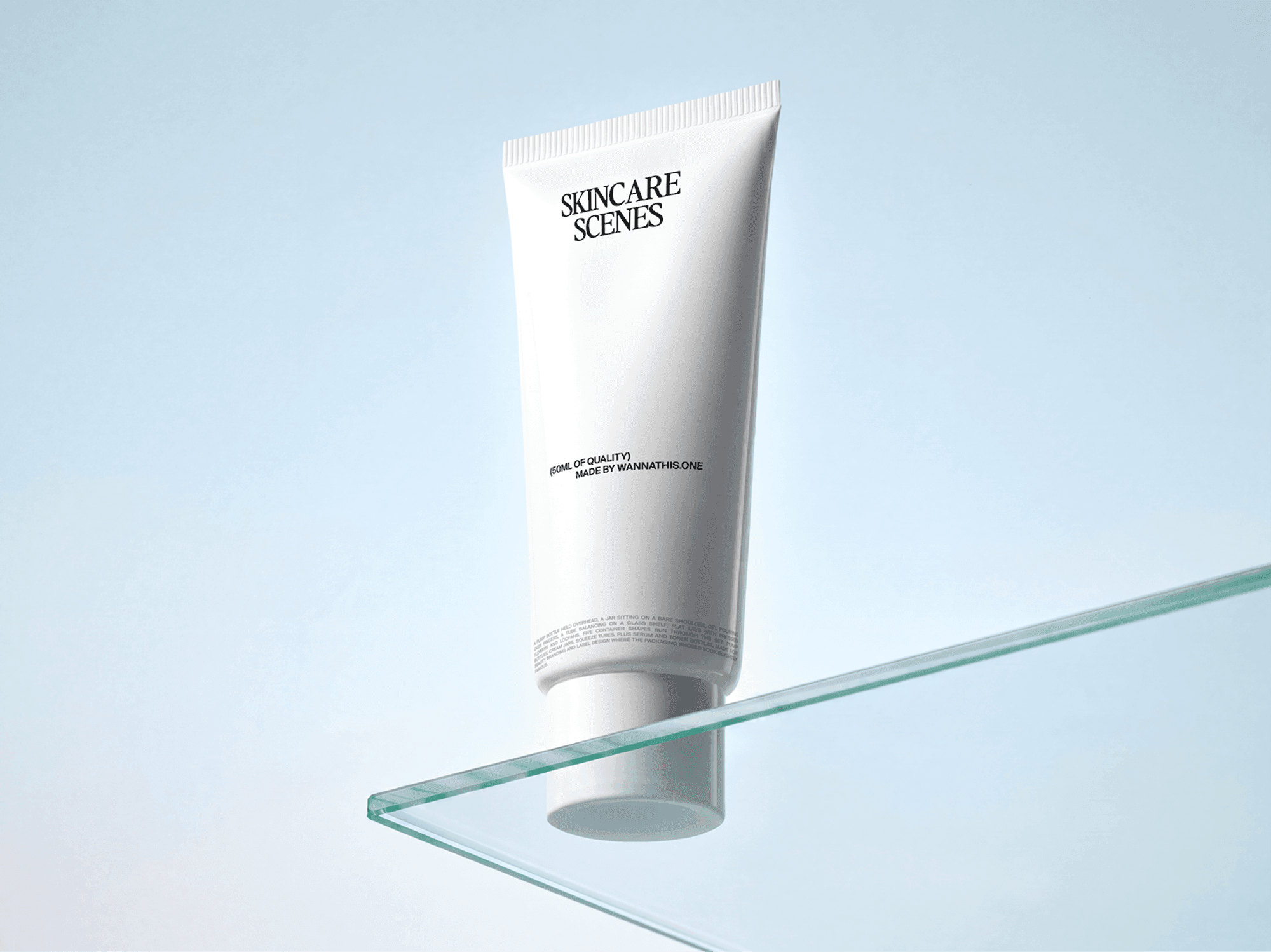 Skincare tube mockup standing on a floating glass shelf in a refined minimal beauty studio scene