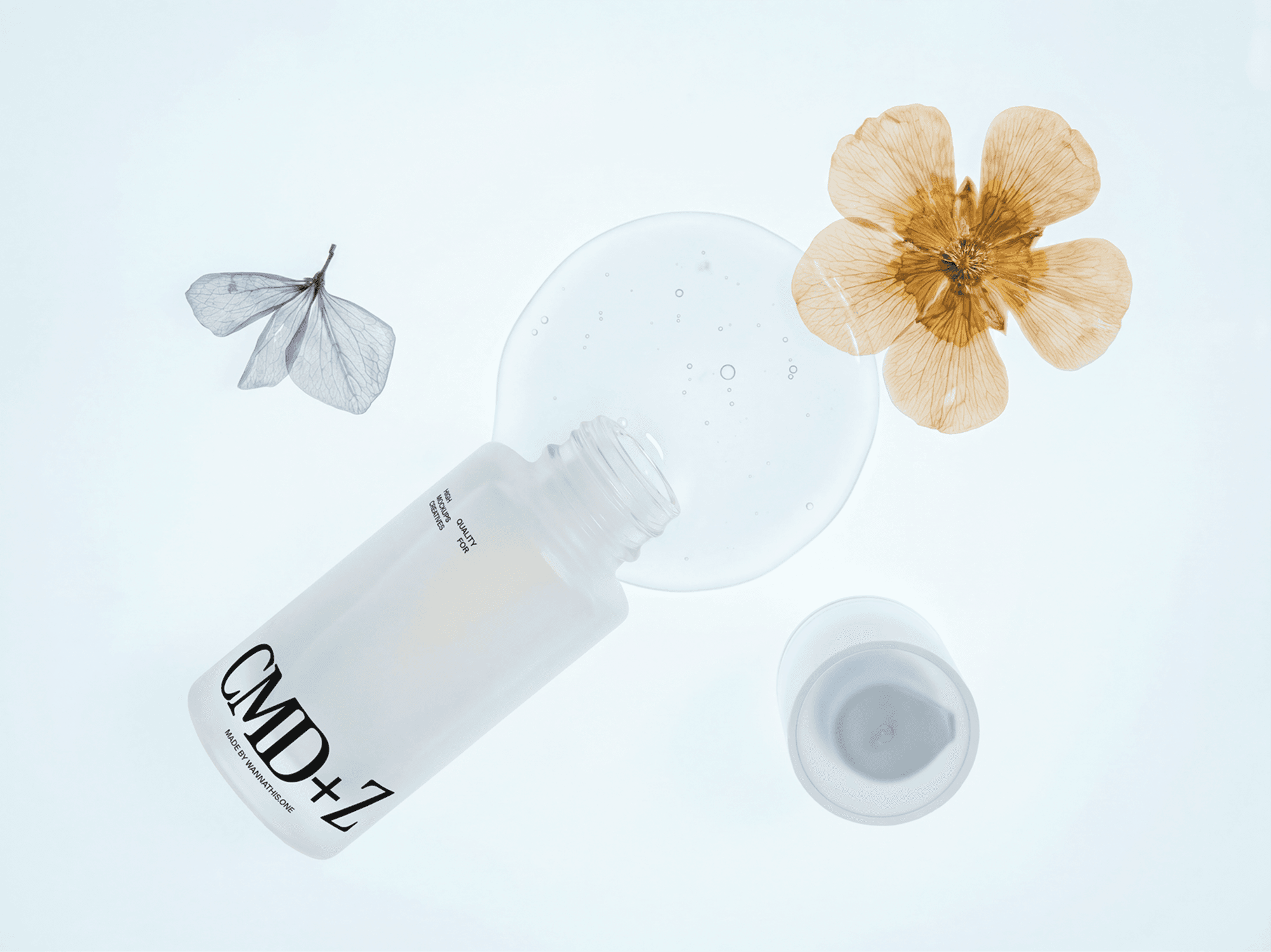 Open skincare serum bottle mockup with clear liquid and refined natural elements in a minimal beauty studio scene