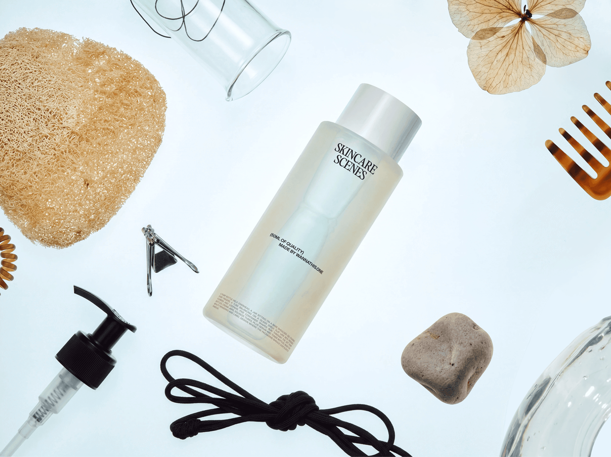 Skincare toner bottle mockup surrounded by refined beauty accessories in a clean minimal studio composition scene