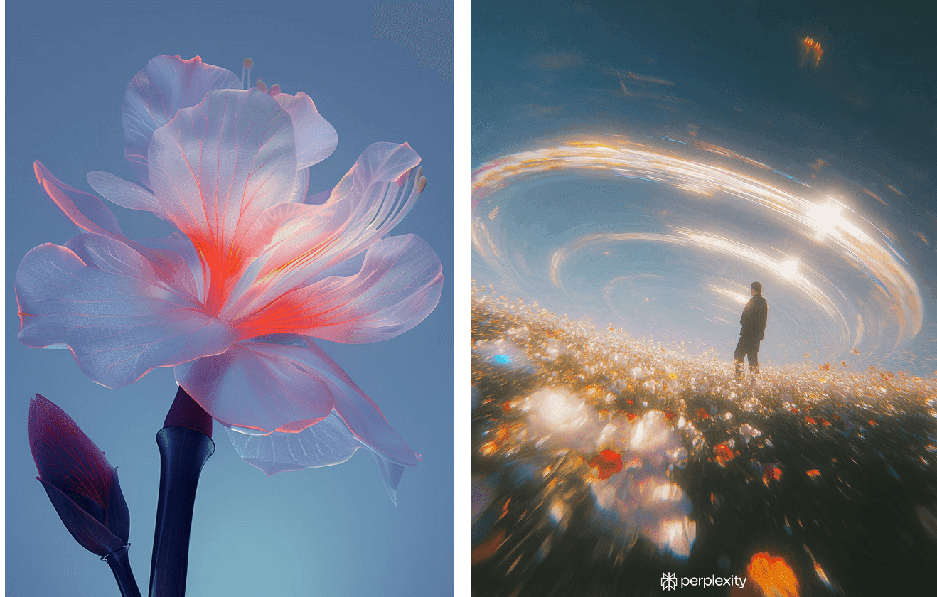 Soft glowing 3D flower illustration and a dreamy surreal landscape with a figure under swirling light