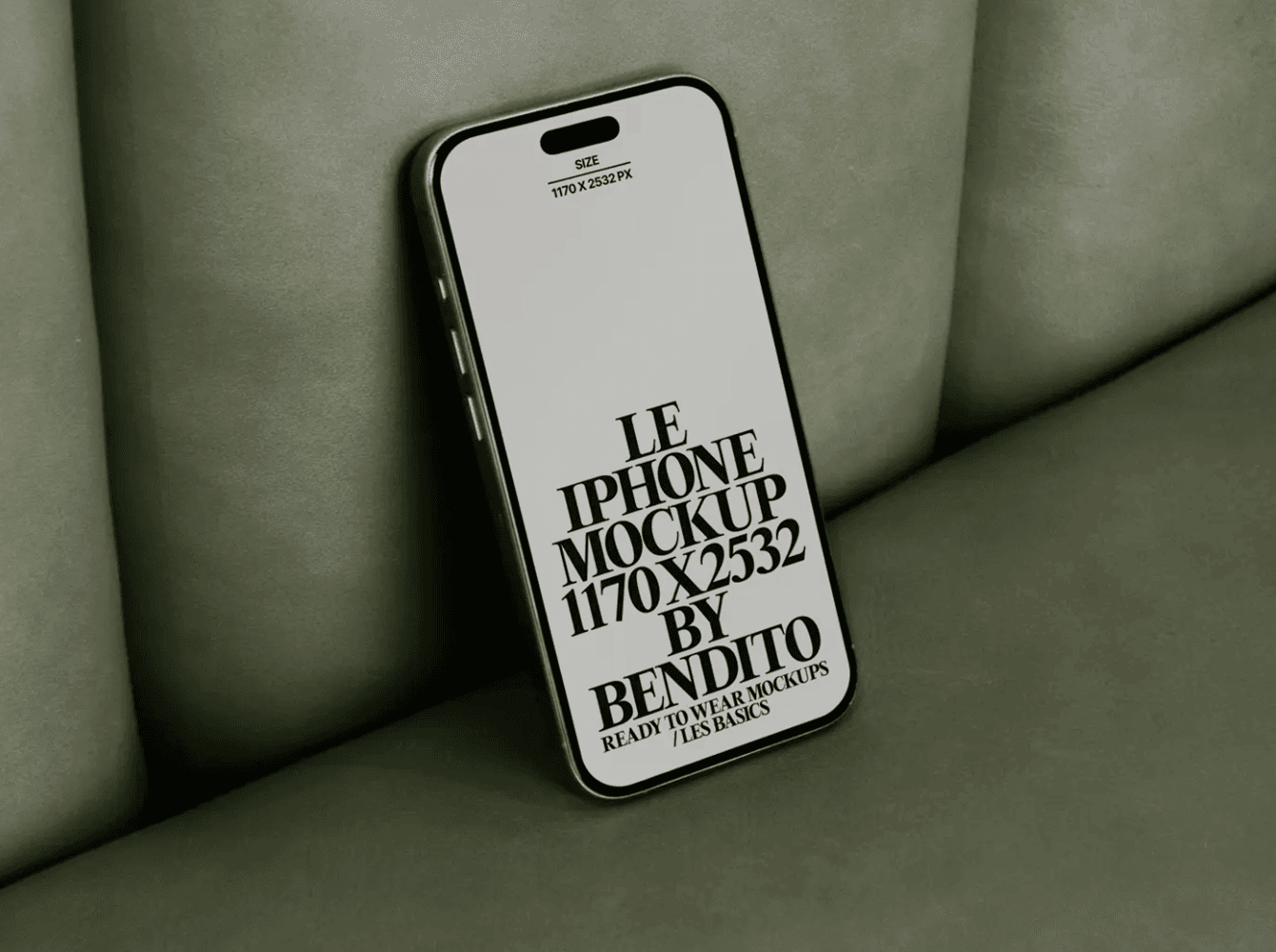 iPhone mockup leaning on soft green sofa — elegant minimal composition.