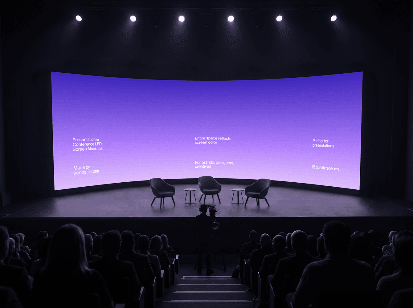 Curved conference LED screen mockup with purple gradient above a dark stage and audience — a presentation scene for showing brand identity at full environmental scale.