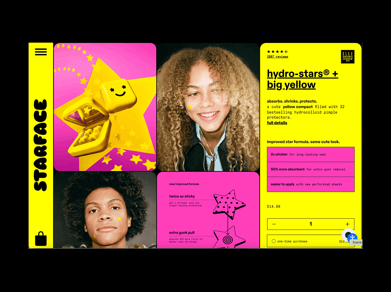 Starface product page laid out as a bento grid in yellow and pink with star patch packs and customer photos, an example of bento layout design for ecommerce