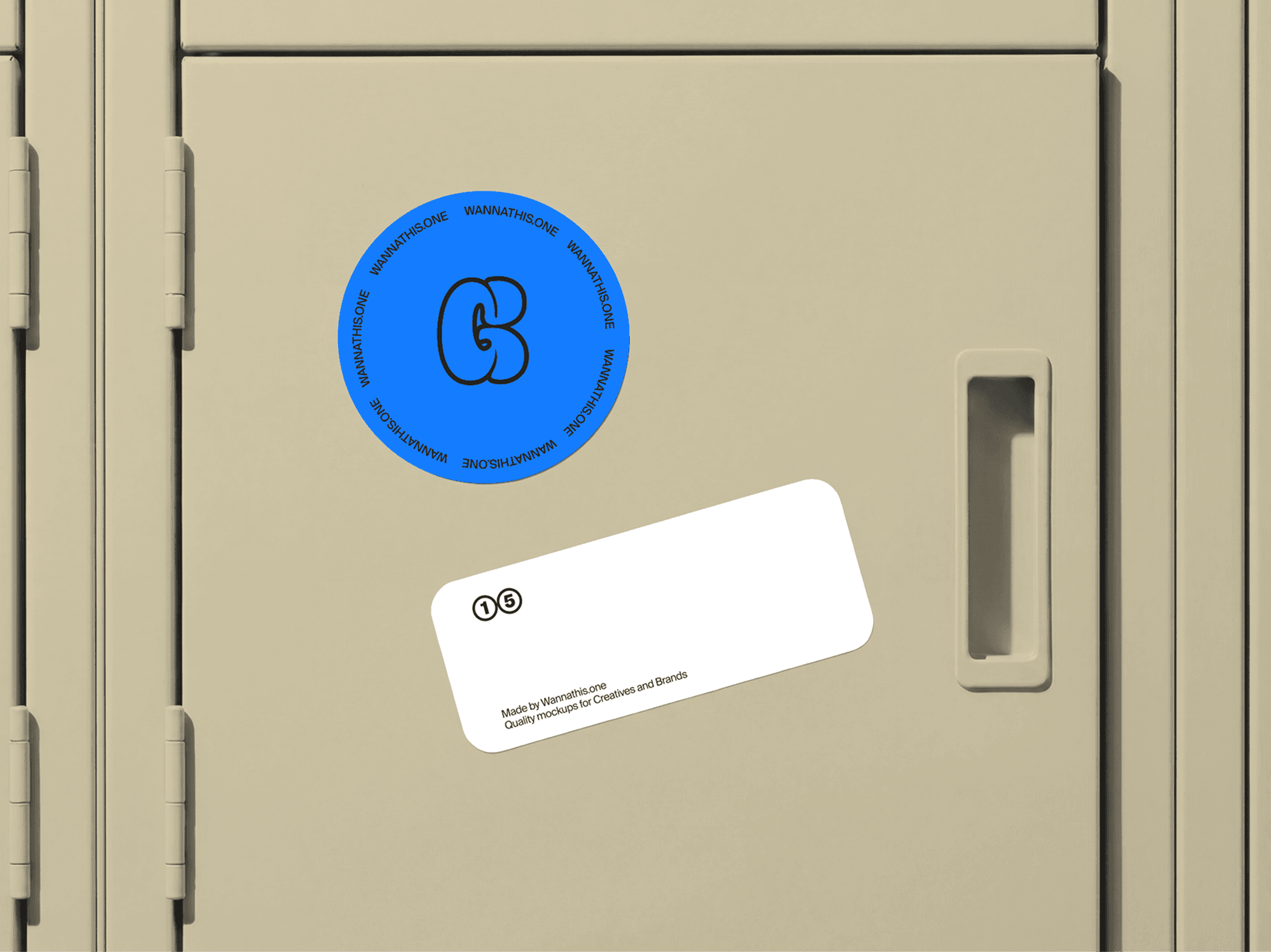 Sticker mockups displayed on the surface of a metal locker door in a casual urban interior scene