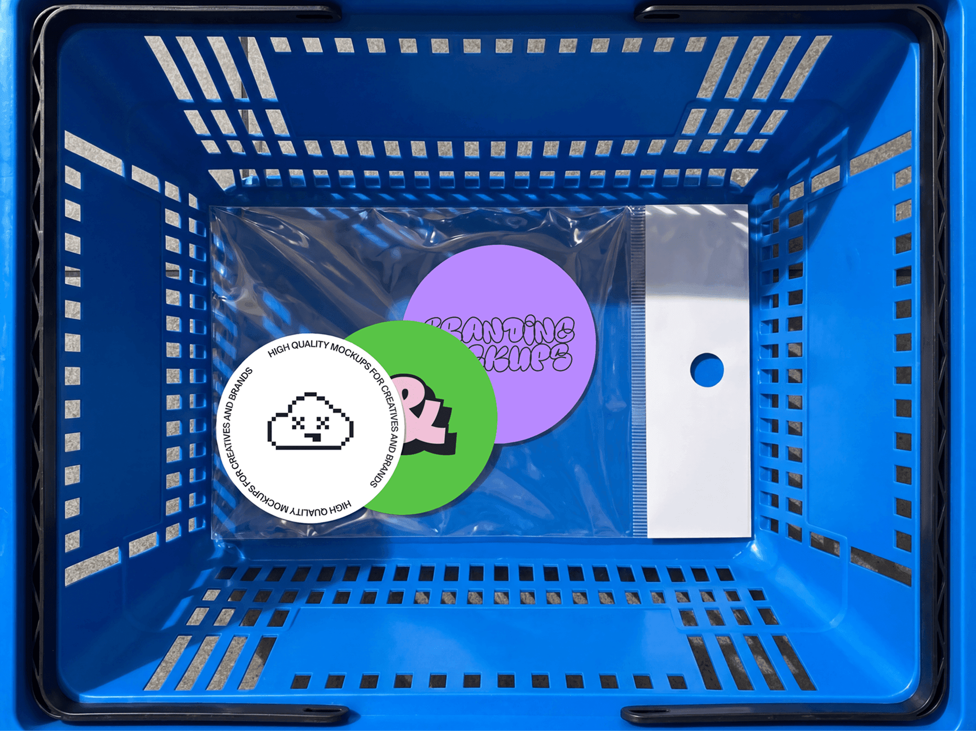 Sticker mockups placed inside a refined shopping basket in a casual retail lifestyle scene
