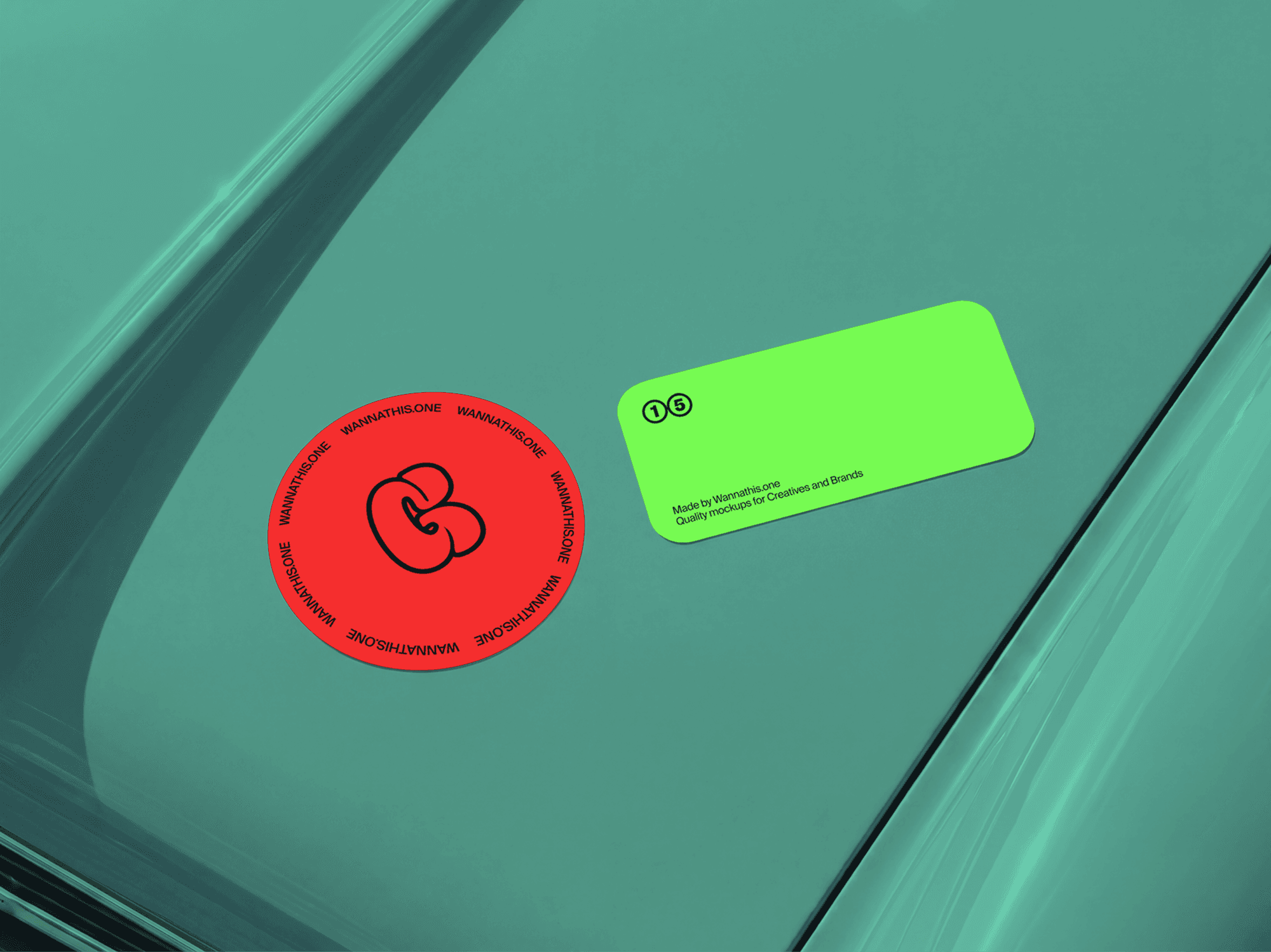 Sticker mockups applied to a smooth refined car body panel in a modern outdoor lifestyle scene