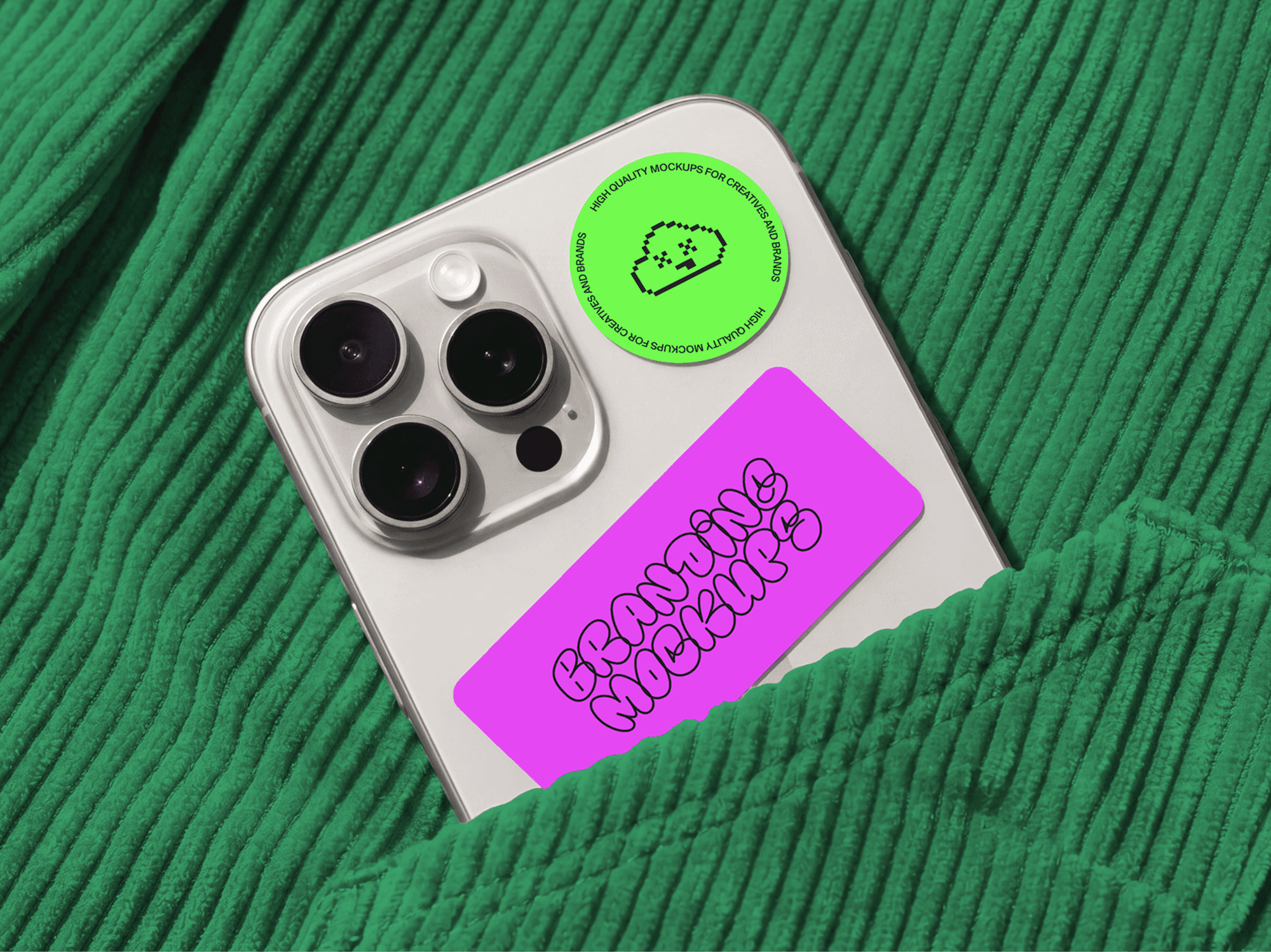 Sticker mockup applied to a smartphone tucked into a fabric pocket in a casual refined lifestyle scene