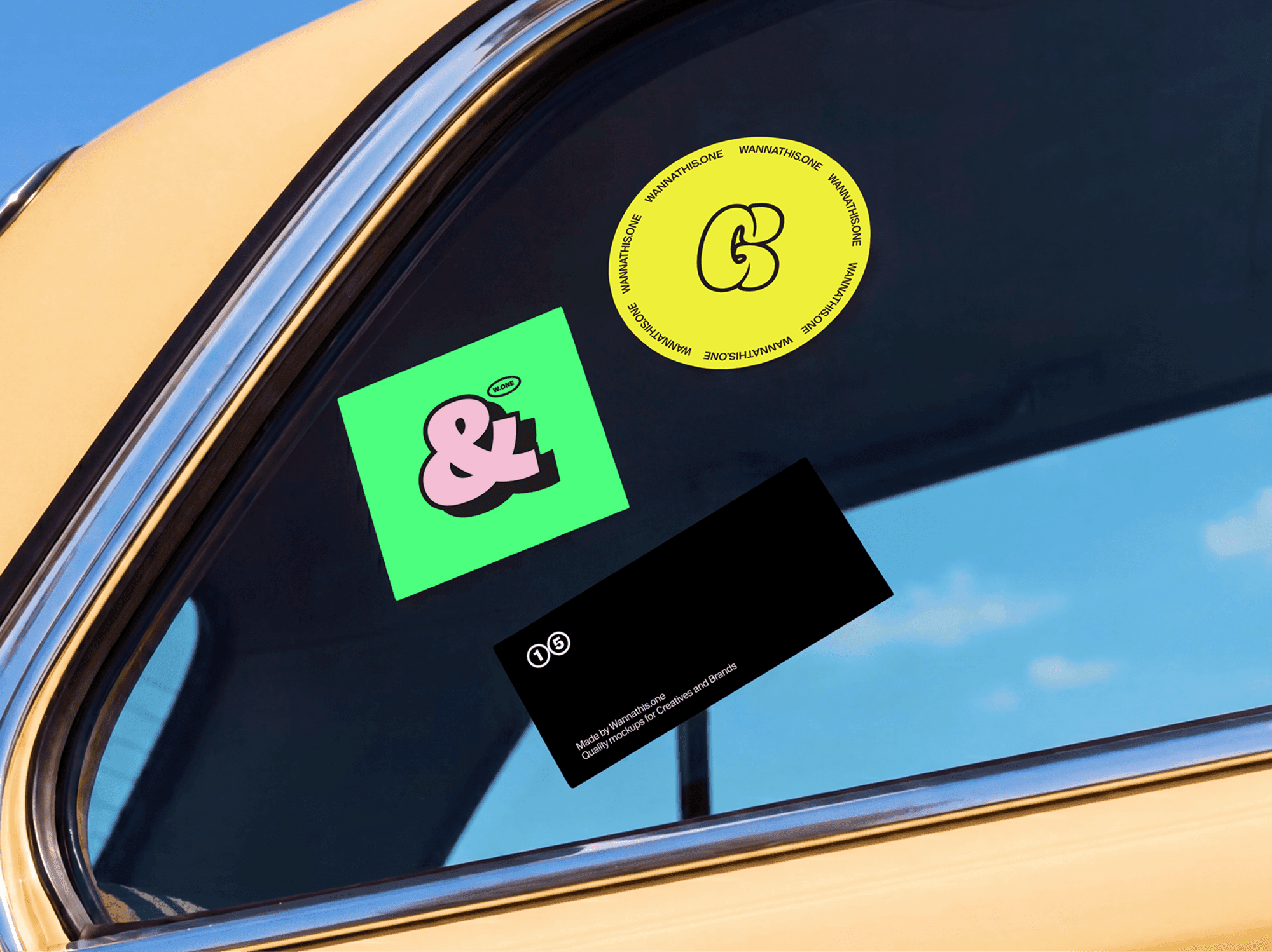 Sticker mockups applied to the side window of a parked car in a modern refined urban lifestyle scene