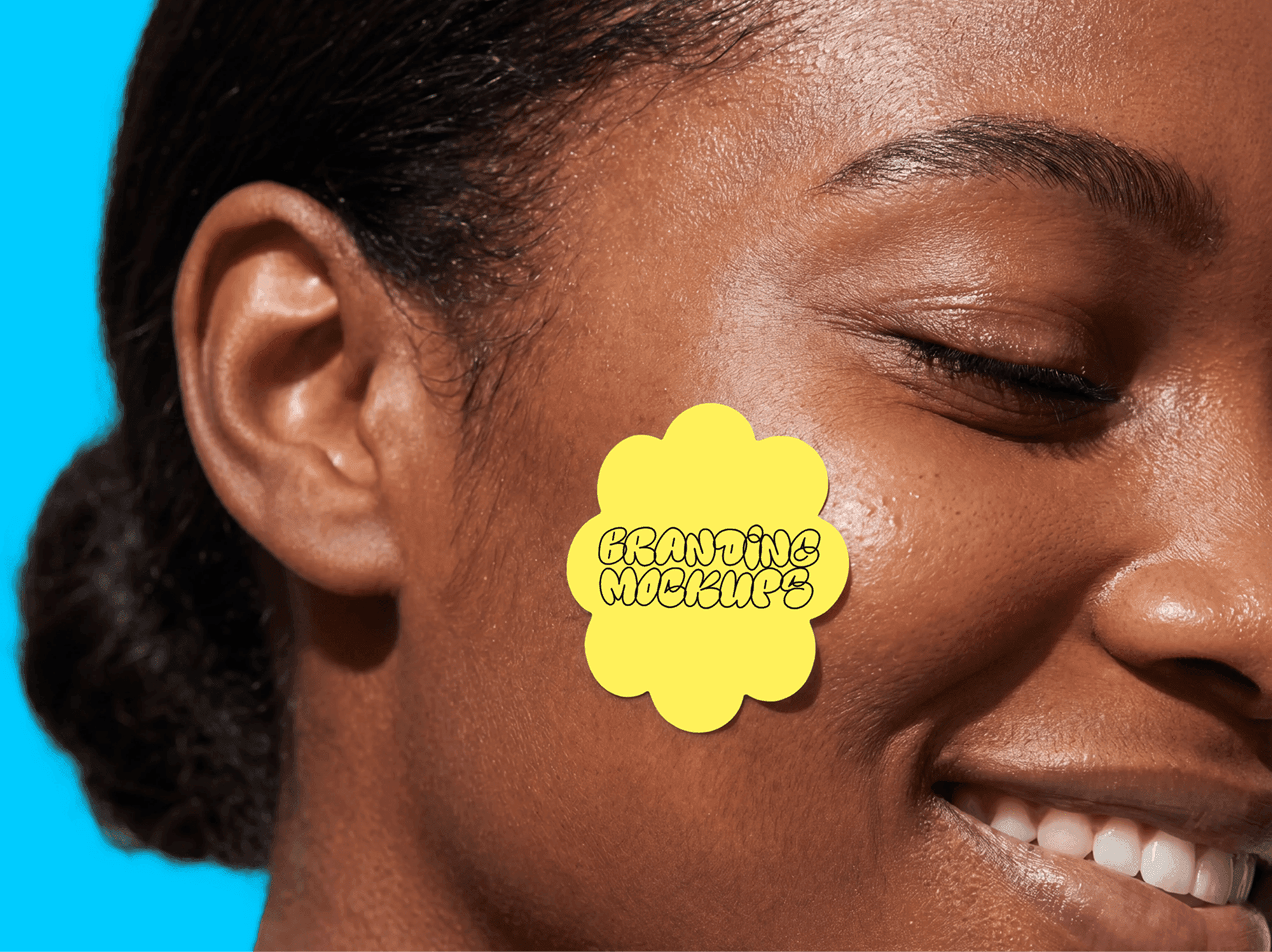 Decorative sticker mockup placed on a person's cheek in a playful refined lifestyle portrait scene