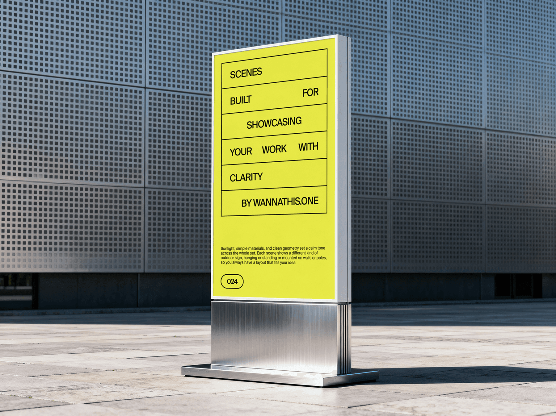 Freestanding outdoor sign mockup positioned in front of a modern building facade