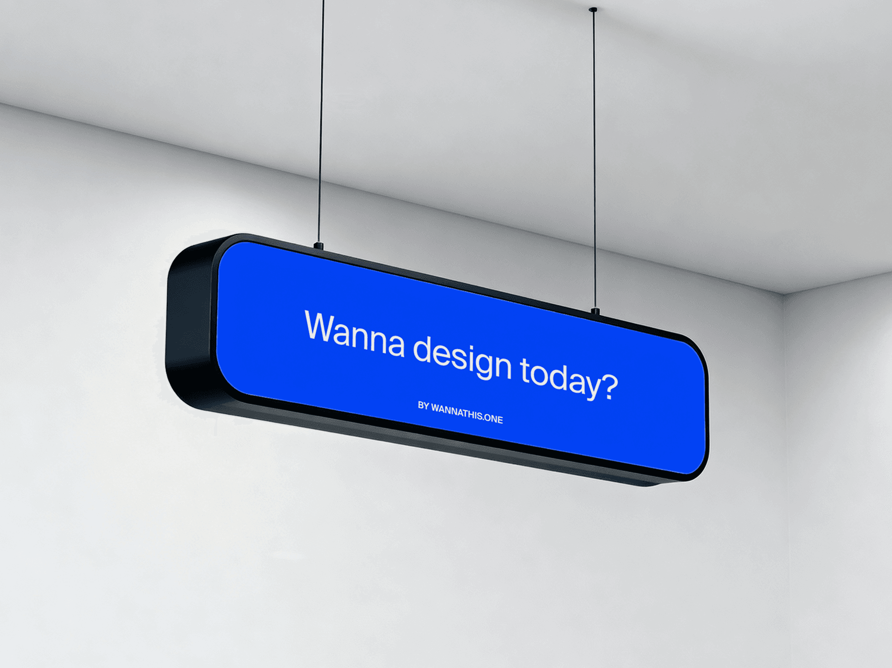 Rounded hanging sign mockup suspended from the ceiling indoors